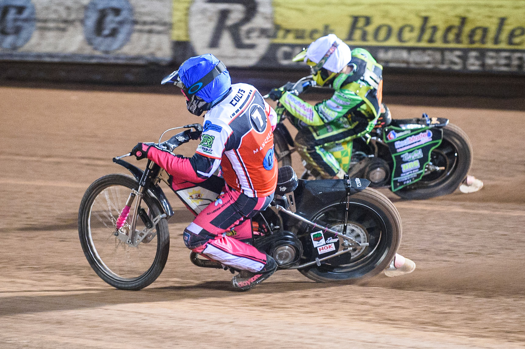 MANCHESTER, SEPT 3RD. Sam Woolley  inside Sam Bebee  (White) during the National Development League match between Belle Vue Aces and Mildenhall Fens Tigers at the National Speedway Stadium, Manchester on Friday 3rd September 2021. (Credit: Ian Charles | MI News)