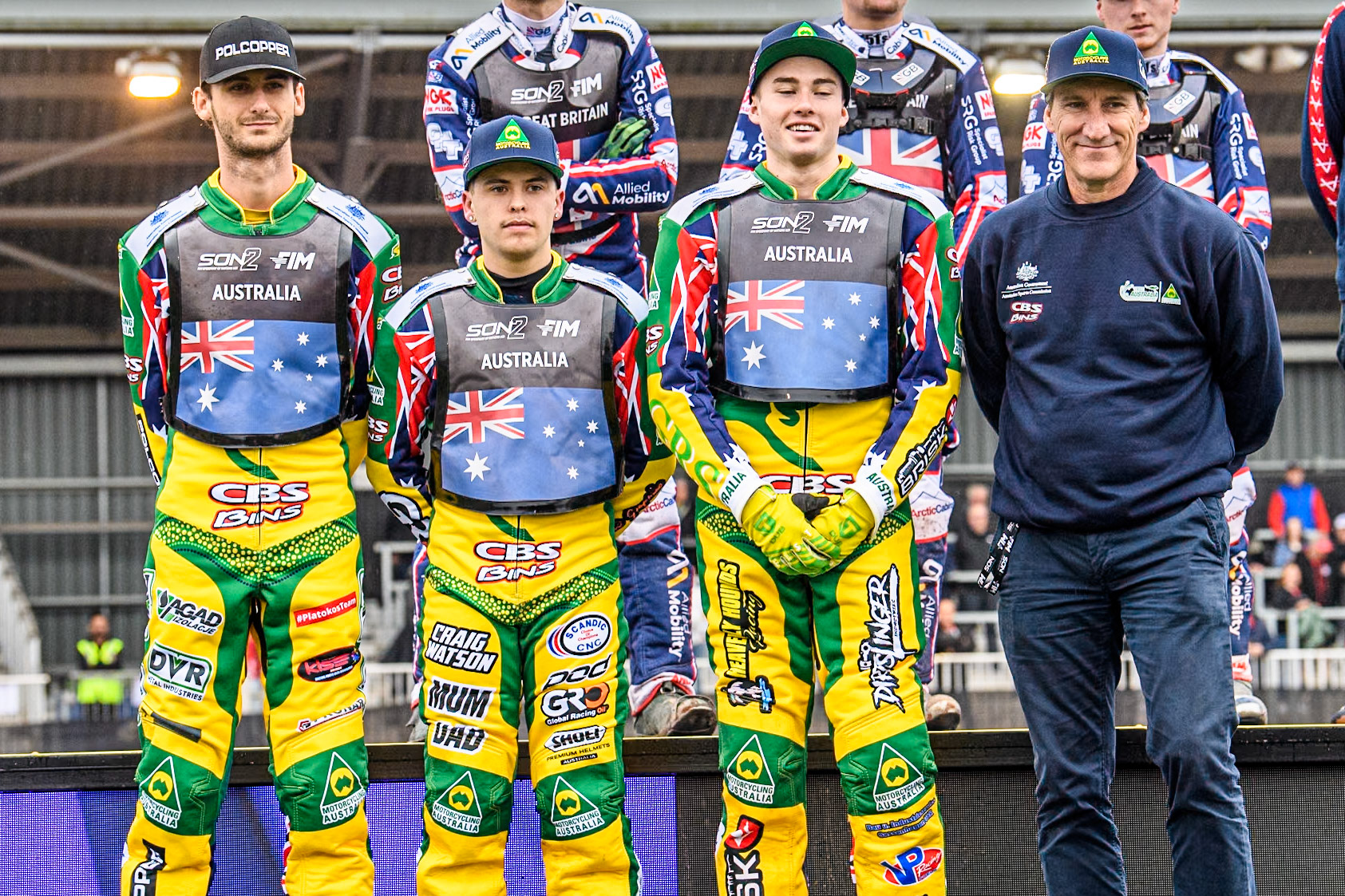 AUSTRALIA: (L to R) Keynan Rew, James Pearson, Michael West and Australian Team manager, Mark Lemon during the Monster Energy FIM Speedway of Nations 2 (Under 21) Final at the National Speedway Stadium, Manchester on Friday 12th July 2024. (Photo: Ian Charles | MI News)