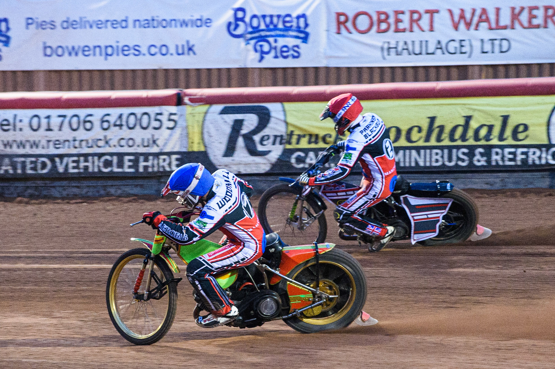 MANCHESTER, UK. AUGUST 20TH  Ben Woodhull  (Blue) inside Jack Parkinson-Blackburn  (Red)during the National Development League match between Belle Vue Aces and Armadale Devils at the National Speedway Stadium, Manchester on Friday 20th August 2021. (Credit: Ian Charles | MI News)