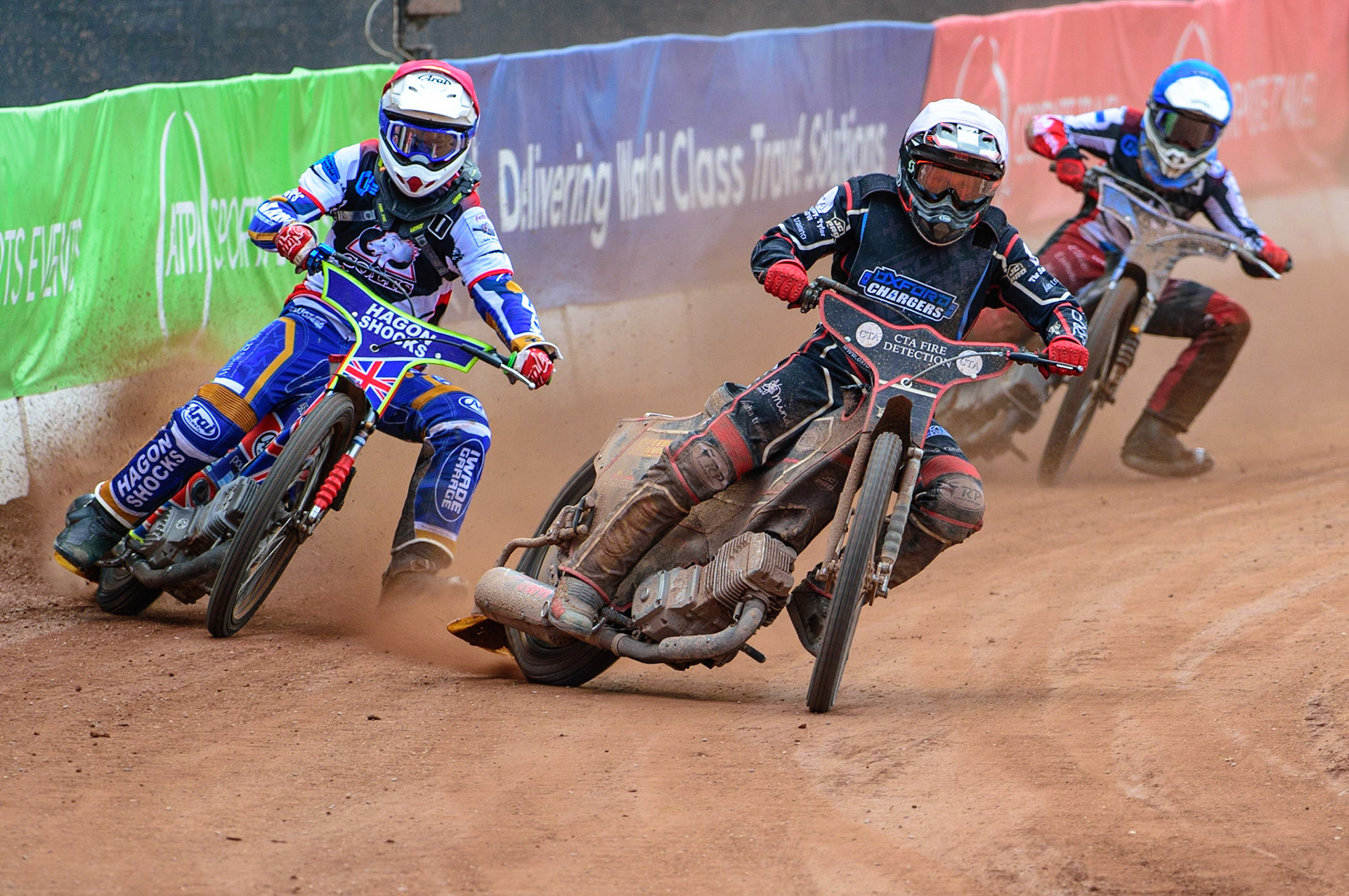 MANCHESTER, UK.  JUN 3RD  Ben Morley (White) leads Jake Mulford   (Red) and Sam McGurk  (Blue) during the National Development League match between Belle Vue Colts and Oxford Chargers at the National Speedway Stadium, Manchester on Friday 3rd June 2022. (Credit: Ian Charles | MI News)