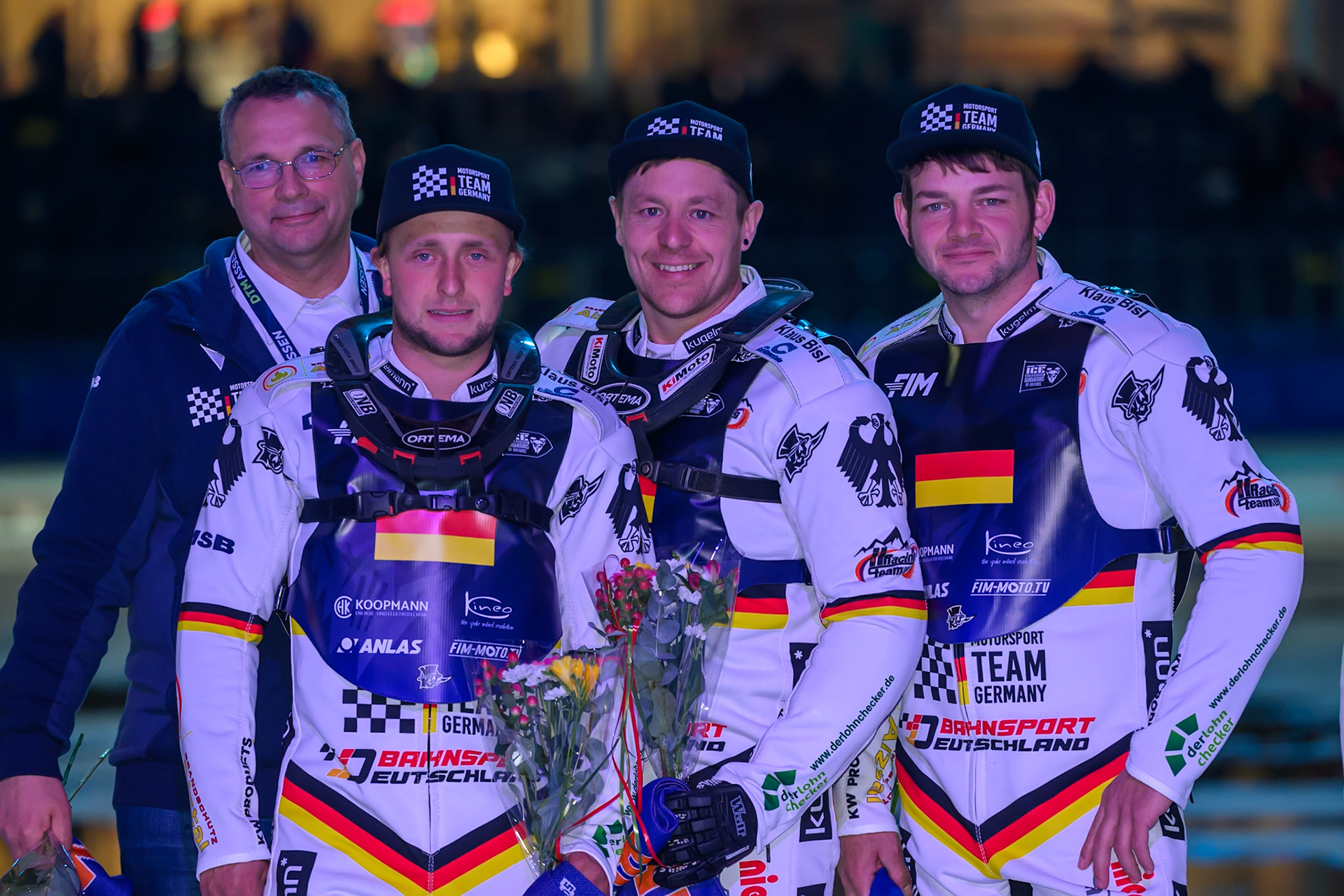 Germany: Bernd Sagert, Team Manager of Germany, Maximillian Niedermaier, Christoph Kirchner, Max Niedermaier during the FIM Ice Speedway Of Nations at Ice Rink Thialf, Heerenveen on Sunday 12th April 2026. (Photo: Ian Charles | MI News)