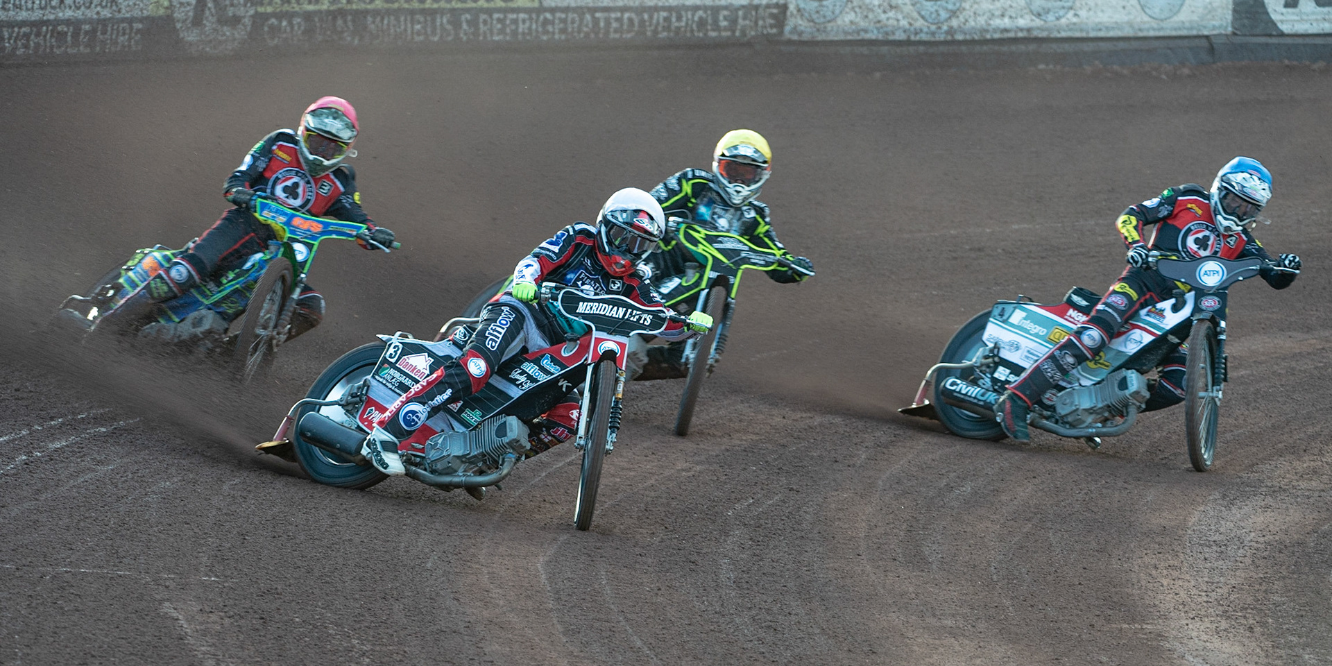 Photo by Ian Charles

Nicolai Klindt  (White) leads Dan Bewley  (Red) Josh Grajczonek  (Yellow) and Steve Worrall  (Blue)

Belle Vue Aces v Poole Pirates, British Speedway Premiership, Belle Vue National Speedway Stadium, Manchester, Monday 1  July  2019