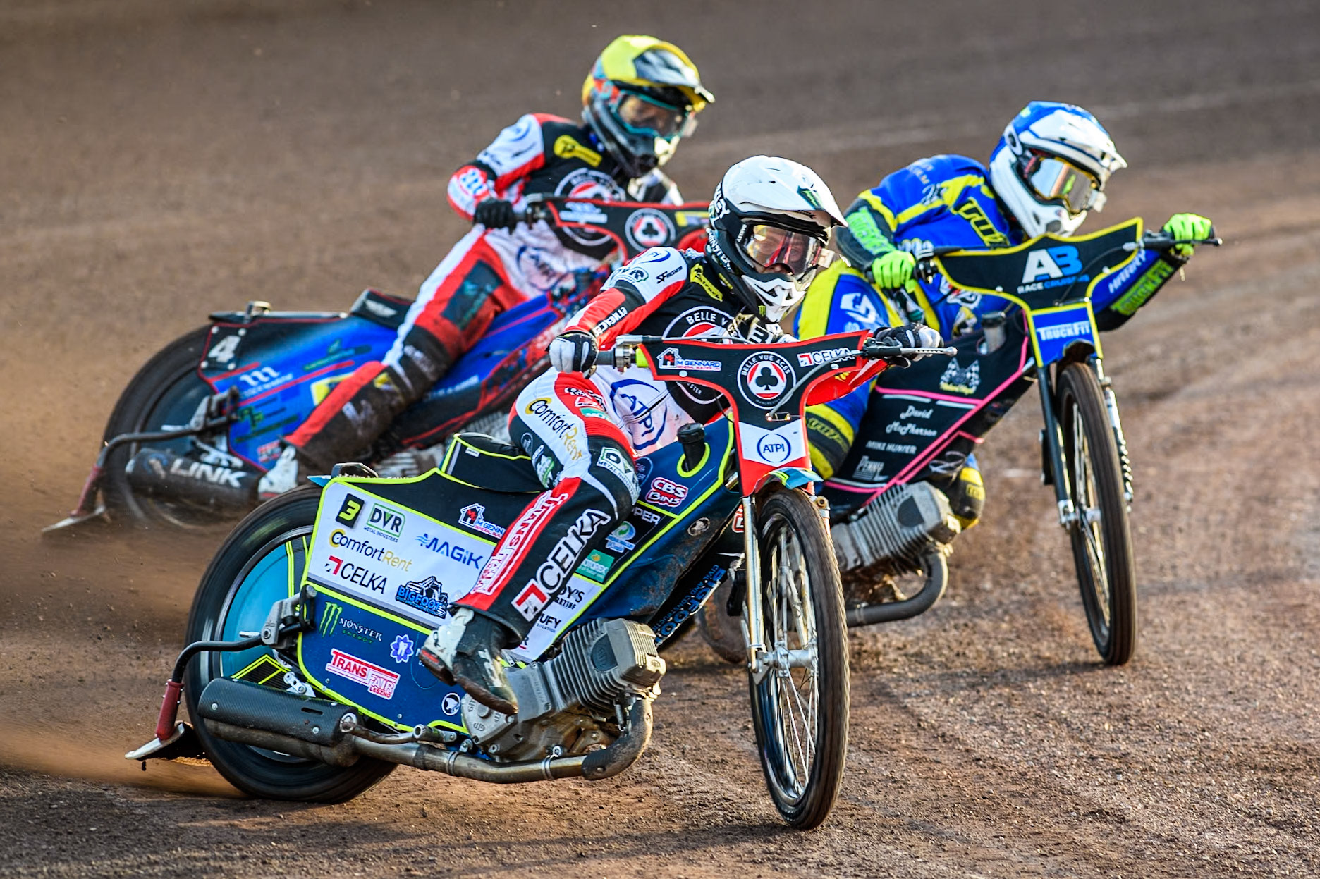 Belle Vue Aces' Jaimon Lidsey  in White leading \Sheffield Tigers' Josh Pickering  in Blue and Belle Vue Aces' Ben Cook  in Yellow during the Premiership KO Cup Quarter Final, 2nd Leg match between Sheffield Tigers and Belle Vue Aces at Owlerton Stadium, Sheffield on Thursday 9th May 2024. (Photo: Ian Charles | MI News)
