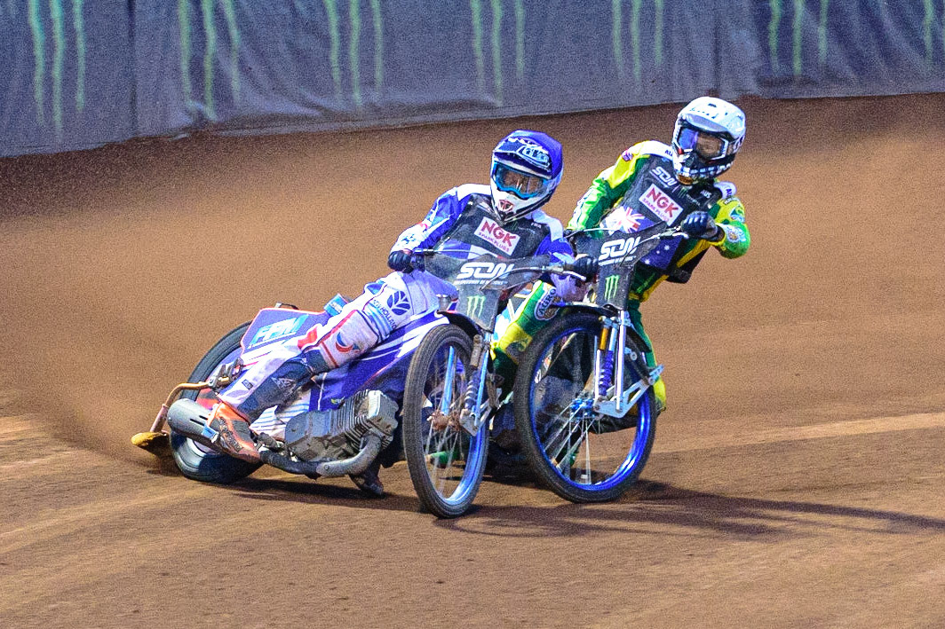 MANCHESTER, UK. OCT 16TH Jason Doyle of Australia (White) locks up behind Dmitri Berge of France (Blue) during the Monster Energy FIM Speedway of Nations at the National Speedway Stadium, Manchester on Saturday  16th October 2021. (Credit: Ian Charles | MI News)