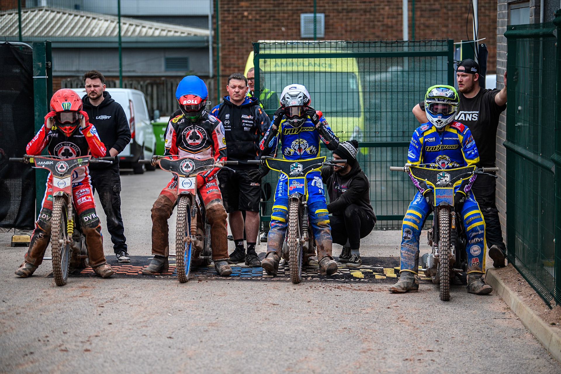 (L to R) Jaimon Lidsey of Belle Vue Aces in Red, Brady Kurtz of Belle Vue Aces in Blue, Josh Pickering of Sheffield Tigers in White  and Leon Flint of Sheffield Tigers in Yellow during the Rowe Motor Oil Premiership match between Belle Vue Aces and Sheffield Tigers at the National Speedway Stadium, Manchester on Monday 5th May 2025. (Photo: Ian Charles | MI News)