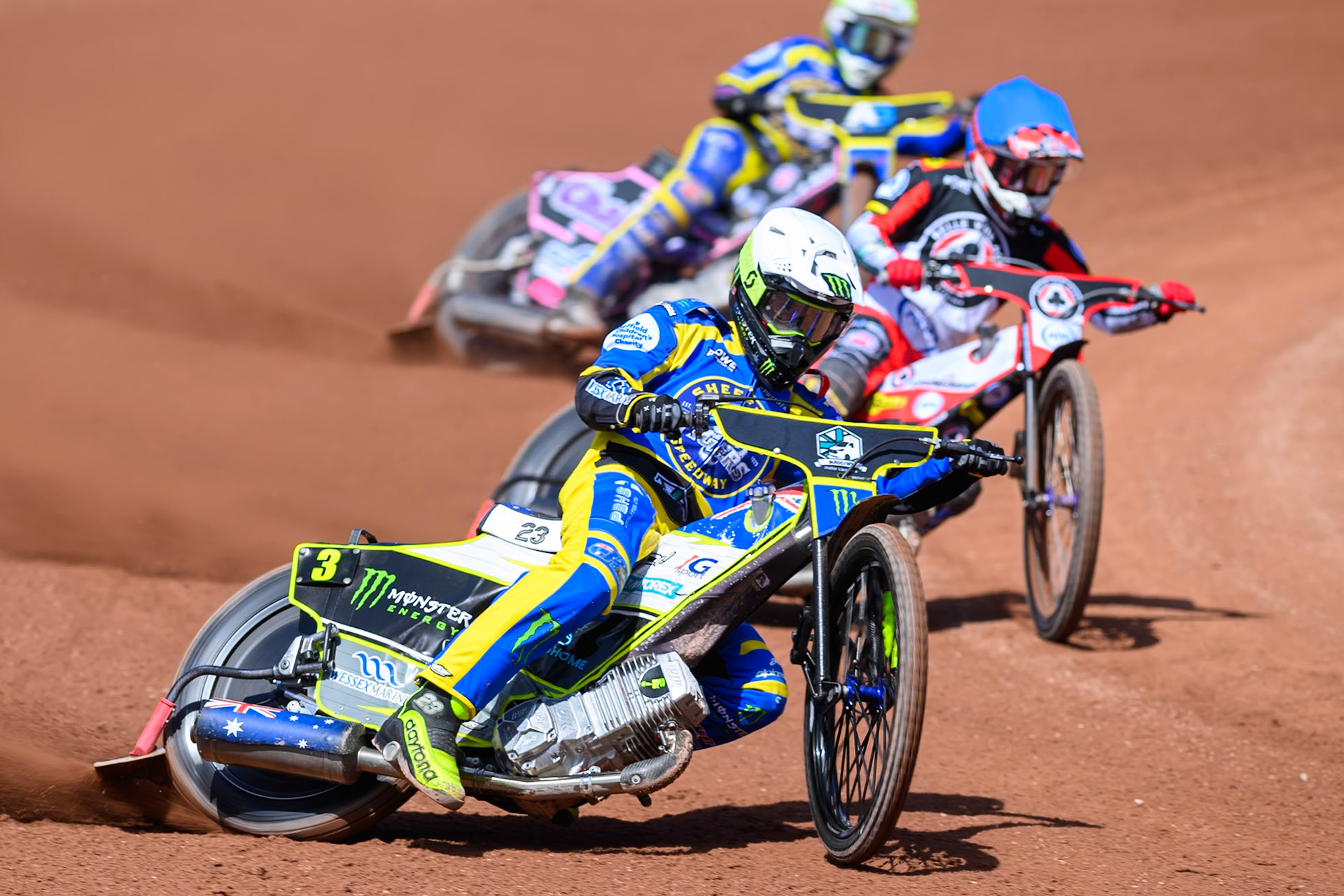 Chris Holder of Sheffield Tigers in White leading Zach Cook of Belle Vue Aces in Blue during the Rowe Motor Oil Premiership match between Belle Vue Aces and Sheffield Tigers at the National Speedway Stadium, Manchester on Monday 25th May 2026. (Photo: Ian Charles | MI News)