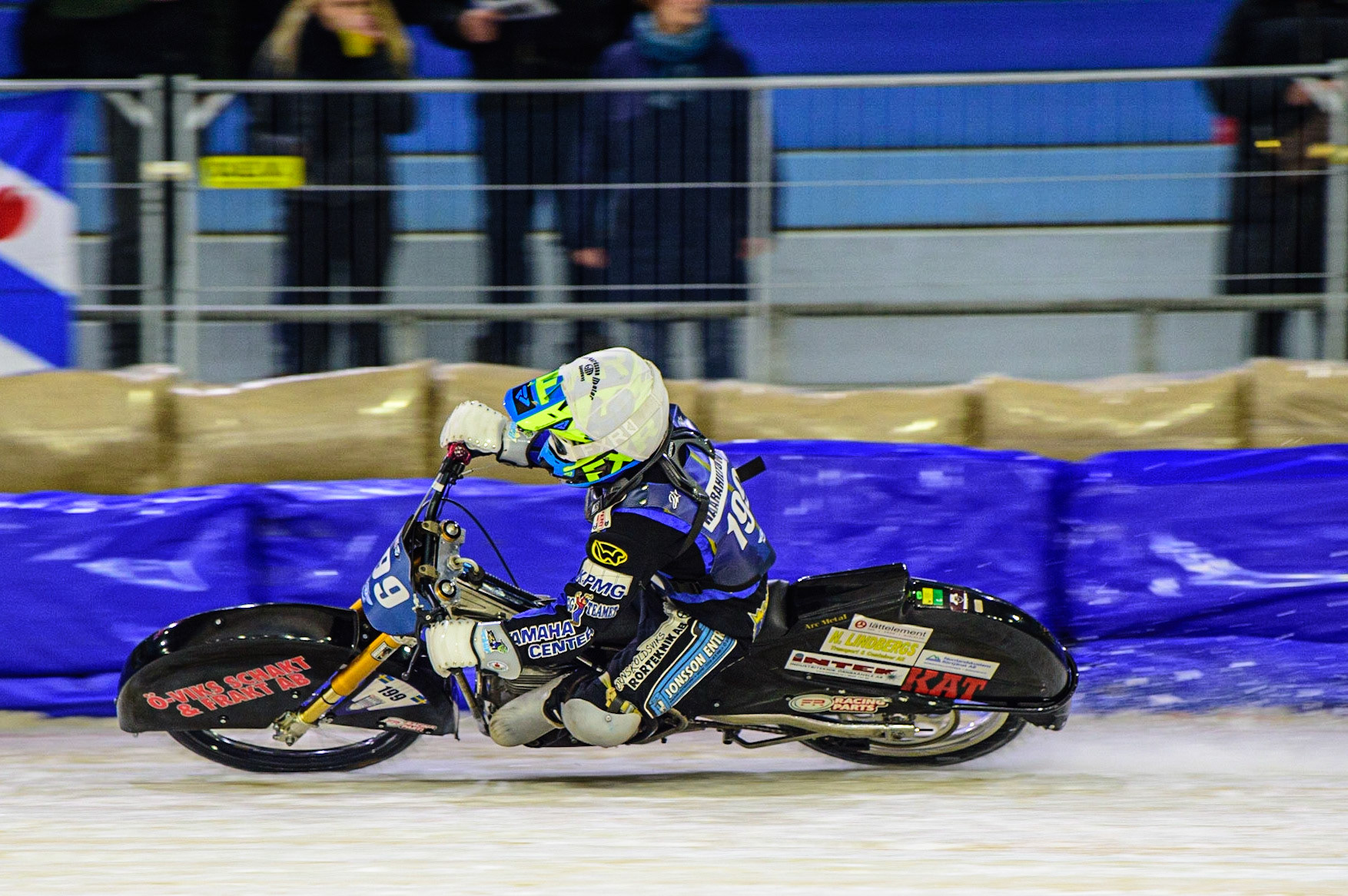 HEERENVEEN, NL. Martin Hååruhiltunen (199)  in action  during the FIM Ice Speedway Gladiators World Championship Final 4 at Ice Rink Thialf, Heerenveen on Sunday  3 April 2022. (Credit: Ian Charles | MI News)