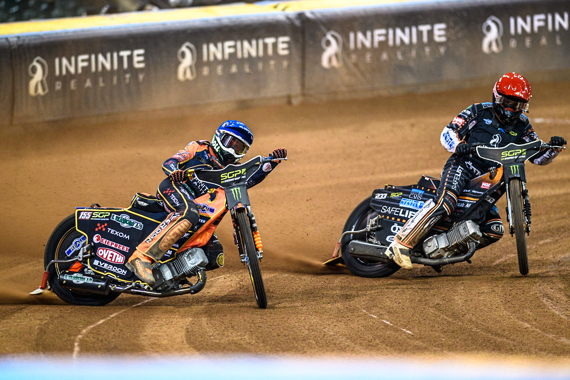 Mikkel Michelsen (155) (Blue) leads  Freddie Lindgren (66) (Red) during the FIM Speedway Grand Prix of Great Britain at the Principality Stadium, Cardiff on Saturday 2nd September 2023. (Photo: Ian Charles | MI News)