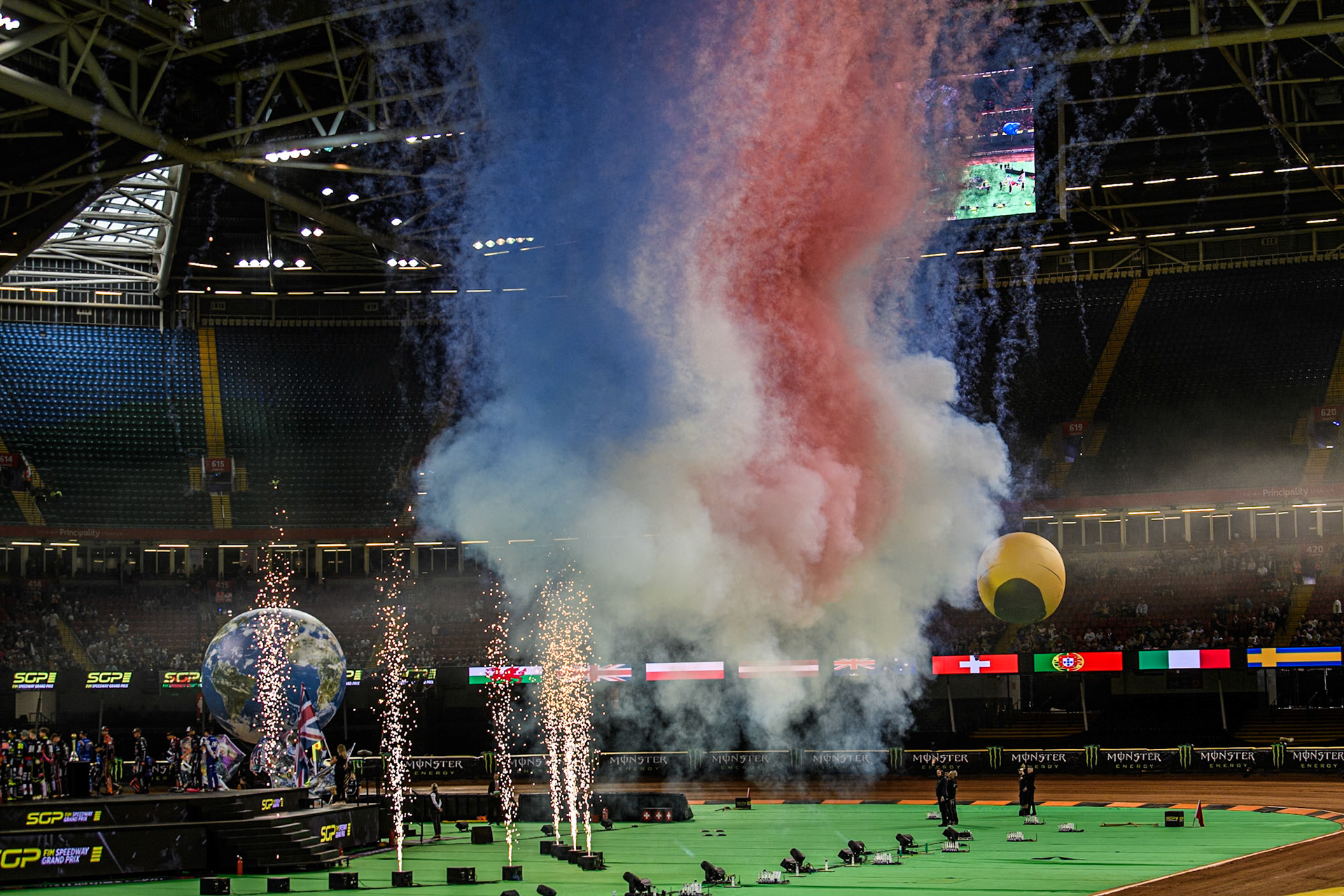 The fireworks and smoke after the parade of riders during the FIM Speedway Grand Prix of Great Britain at The Principality Stadium, Cardiff on Saturday 17th August 2024. (Photo: Ian Charles | MI News)