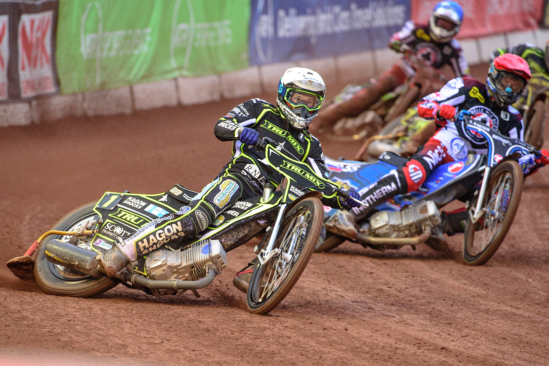 MANCHESTER, UK. JUN 6TH  Jason Doyle  (White) leads Matej Žagar  (Red) and Charles Wright  (Blue) during the SGB Premiership match between Belle Vue Aces and Ipswich Witches at the National Speedway Stadium, Manchester on Monday 6th June 2022. (Credit: Ian Charles | MI News)