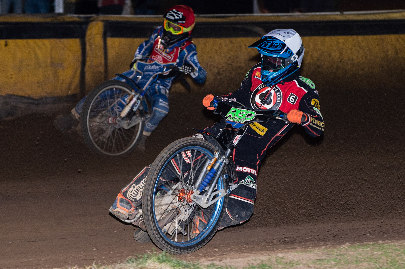 Photo by Ian Charles:

Dimitri Bergé  (White) leads Michael Palm Toft  (Red)

Peterborough Panthers v Belle Vue Aces, British Speedway Premiership, Thursday, 5, September, 2019