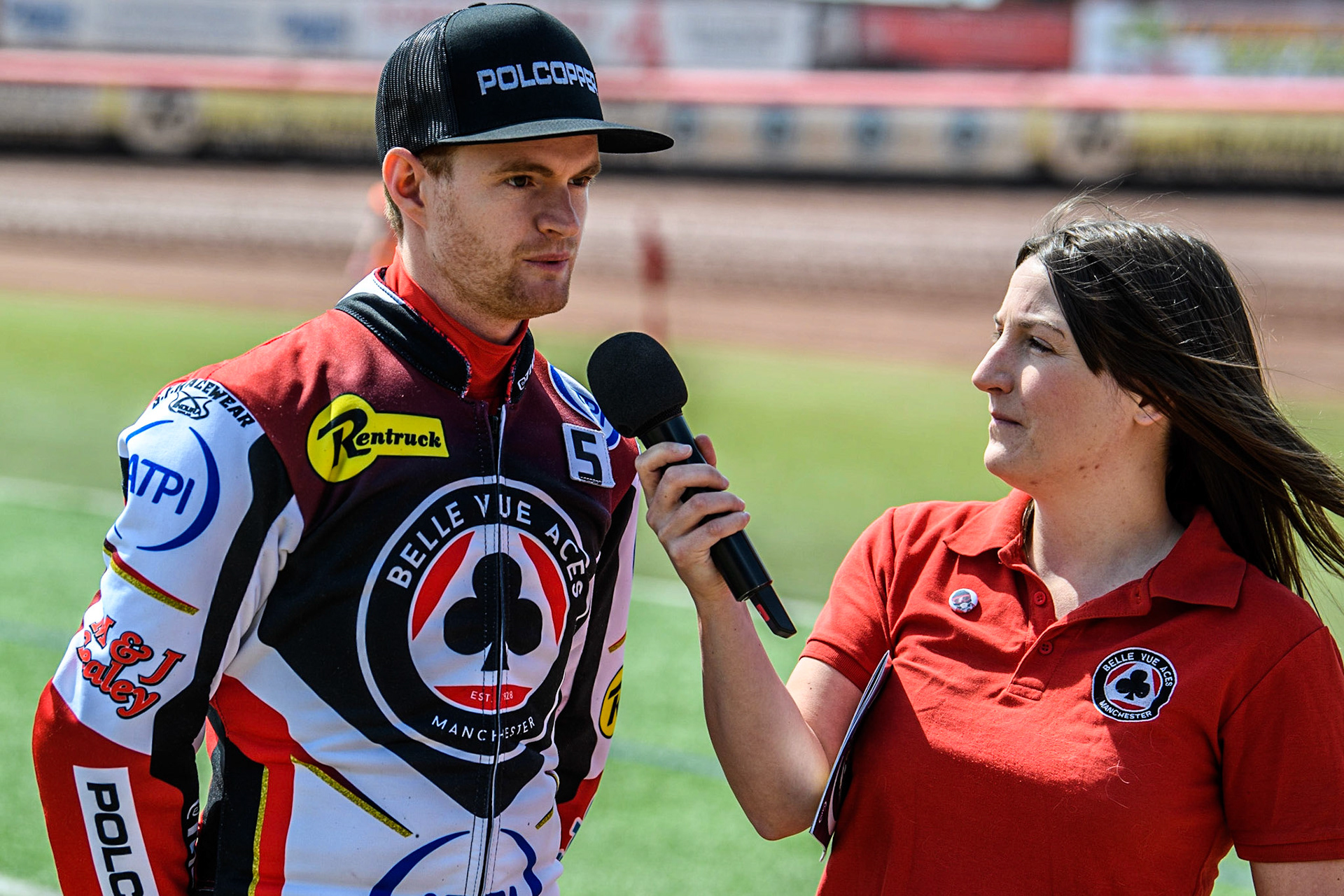 Brady Kurtz is interviewed by Belle Vue match presenter Hayley Bromley during the Sports Insure Premiership match between Belle Vue Aces and Wolverhampton Wolves at the National Speedway Stadium, Manchester on Monday 29th May 2023. (Photo: Ian Charles | MI News)