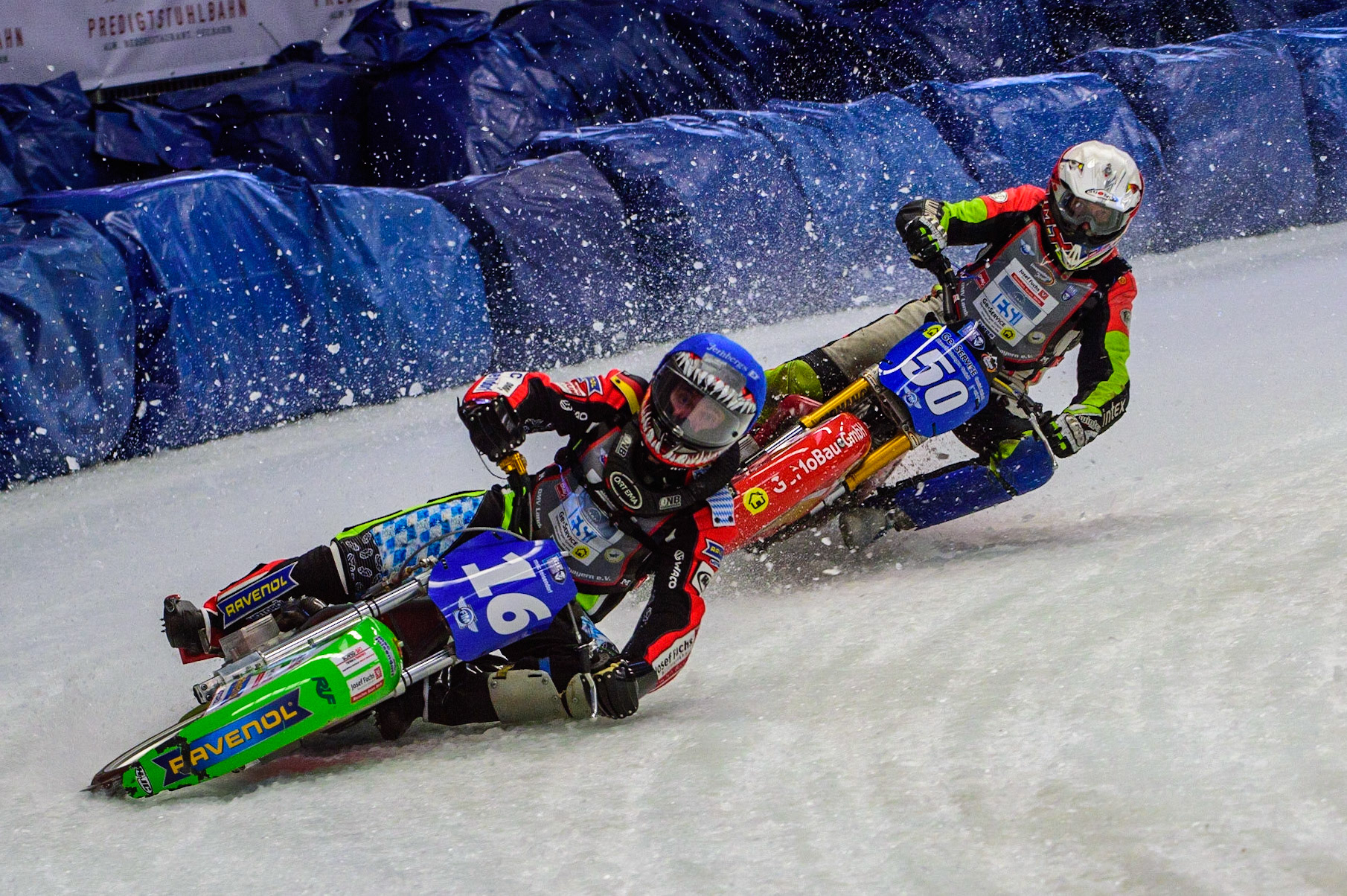 Johann Weber (16) (Blue) leads Harald Simon (50) (White) during the Ice Speedway Gladiators World Championship Final 1 at Max-Aicher-Arena, Inzell, Germany on Saturday 18th March 2023. (Photo: Ian Charles | MI News)