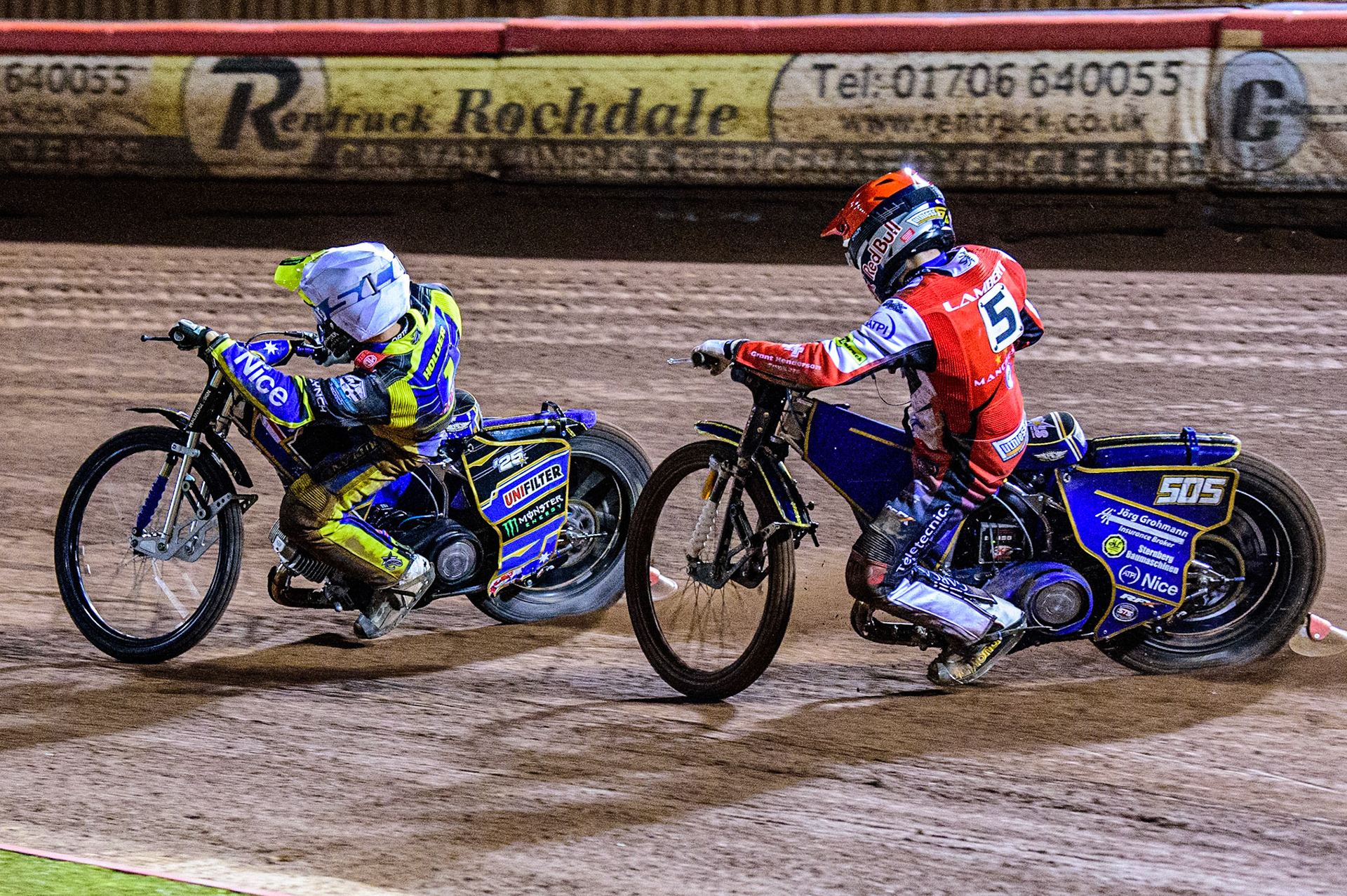 Robert Lambert  (Red) chases Jack Holder  (White) during the SGB Premiership Grand Final 1st leg between Belle Vue Aces and Sheffield Tigers at the National Speedway Stadium, Manchester on Monday 10th October 2022. (Credit: Ian Charles | MI News)