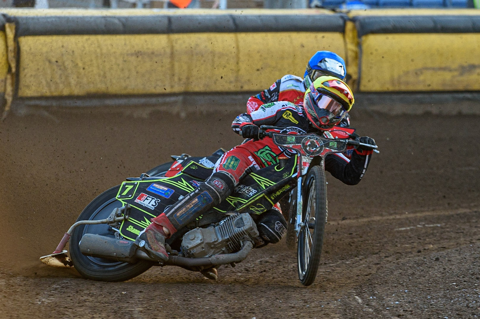 PETERBOROUGH, UK. JULY 19TH  Chris Harris  (Yellow) leads Chris Harris  (Blue) during the SGB Premiership match between Peterborough and Belle Vue Aces at East of England Showground, Peterborough on Monday 19th July 2021. (Credit: Ian Charles | MI News)
