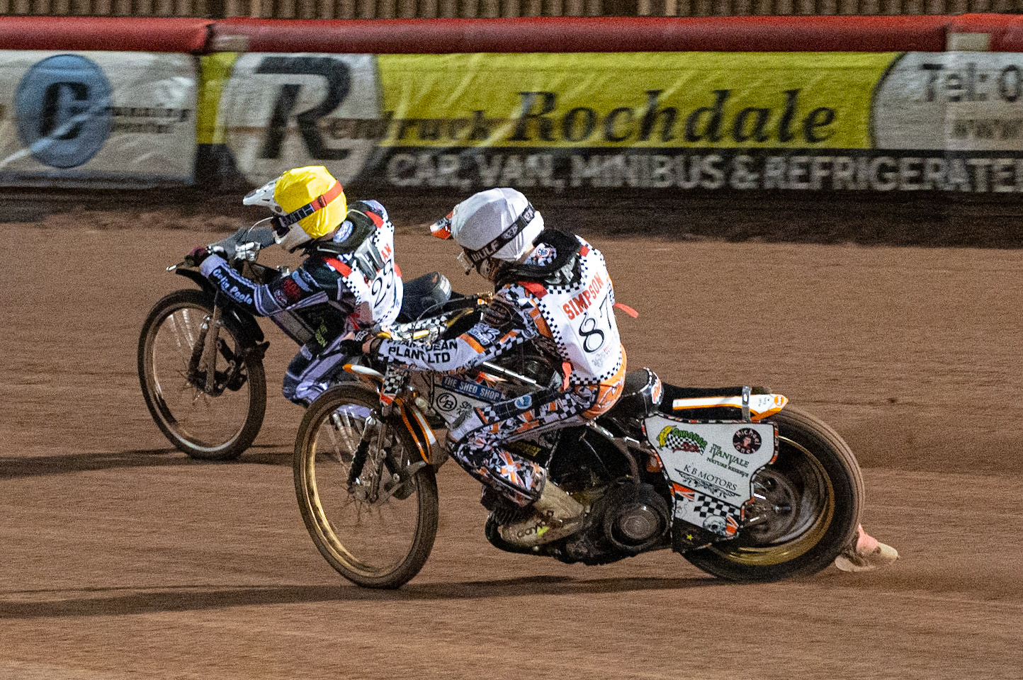 Photo: Ian CharlesMickey Simpson (White) chases Archie Freeman (Yellow) (500cc A Class)British Youth Speedway Championship (Round 5), National Speedway Stadium, Manchester Saturday  10  October  2020