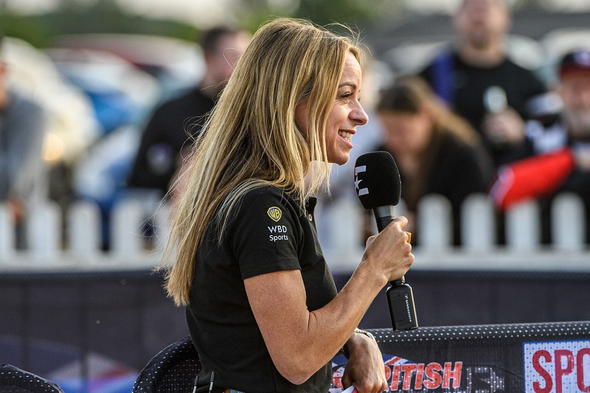 Eurosport Presenter Abi Stevens during the Sports Insure Premiership match between Peterborough and Belle Vue Aces at East of England Showground, Peterborough on Monday 26th June 2023. (Photo: Ian Charles | MI News)