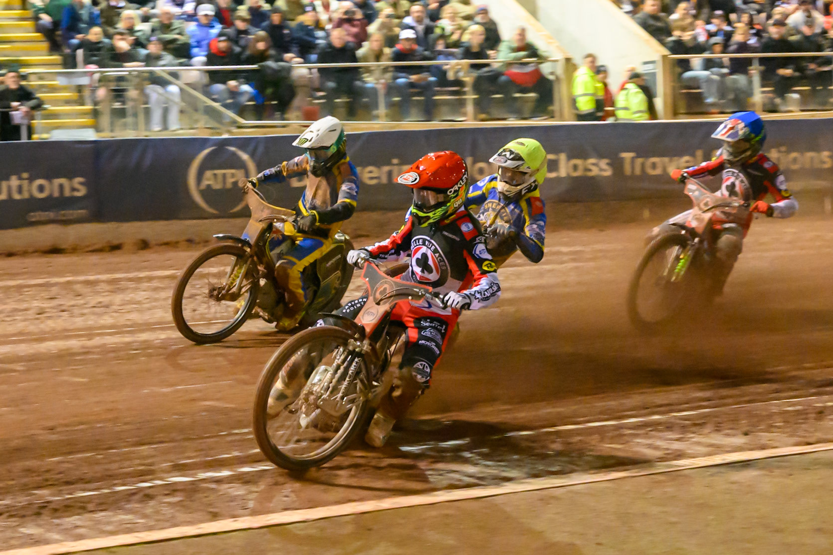Nicolai Klindt, Guest Rider for Belle Vue Aces in Red leading Chris Holder of Sheffield Tigers in White , Jye Etheridge of Sheffield Tigers in Yellow  and Will Cairns of Belle Vue Aces in Blue during the Rowe Motor Oil Premiership Grand Final 2nd Leg between Belle Vue Aces and Sheffield Tigers at the National Speedway Stadium, Manchester on Friday 16th October 2026. (Photo: Ian Charles | MI News)