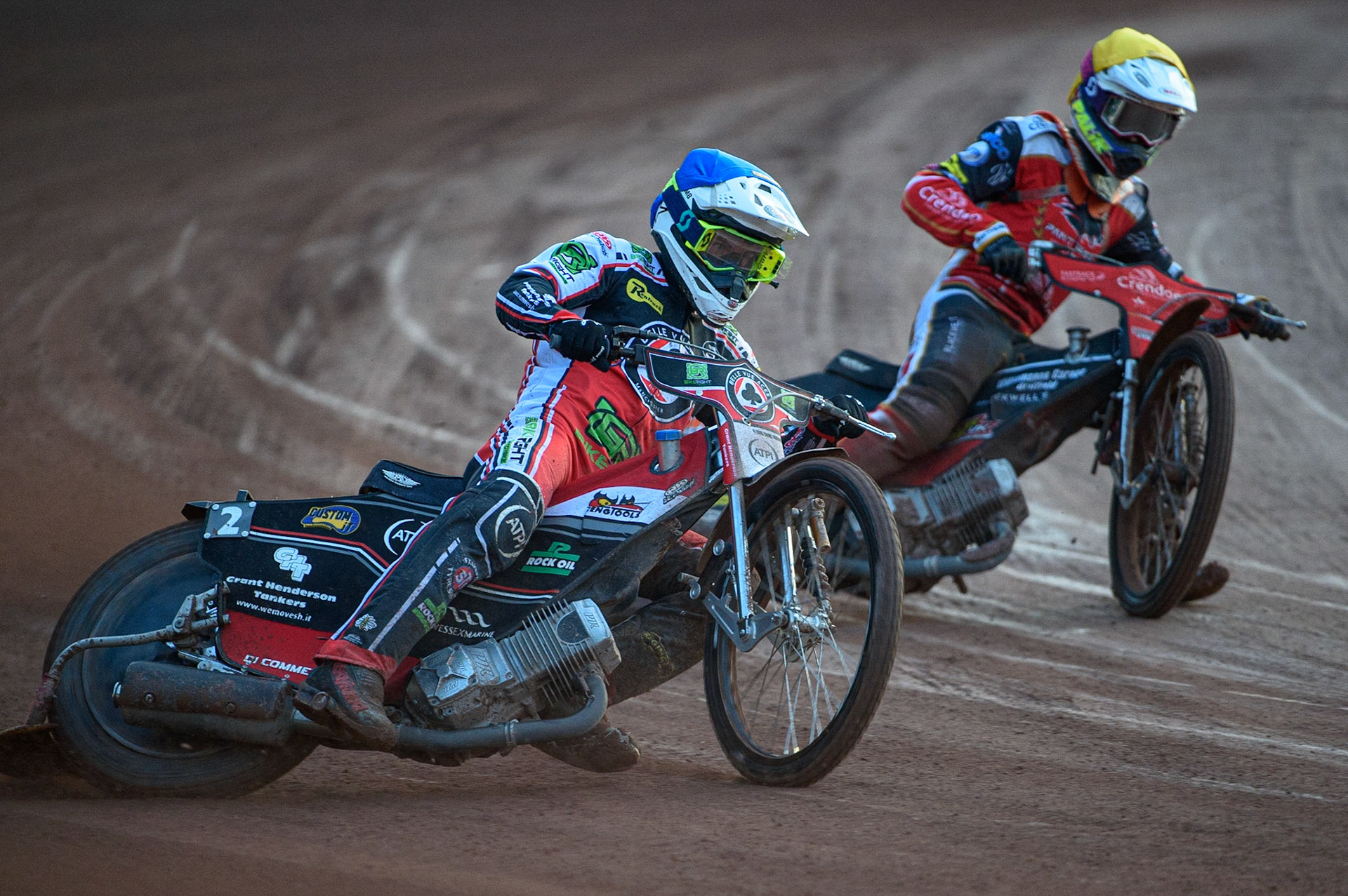 MANCHESTER, UK. AUG 9TH  Richie Worrall (Blue) outside Jordan Palin (Yellow) during the SGB Premiership match between Belle Vue Aces and Peterborough at the National Speedway Stadium, Manchester on Monday 9th August 2021. (Credit: Ian Charles | MI News)