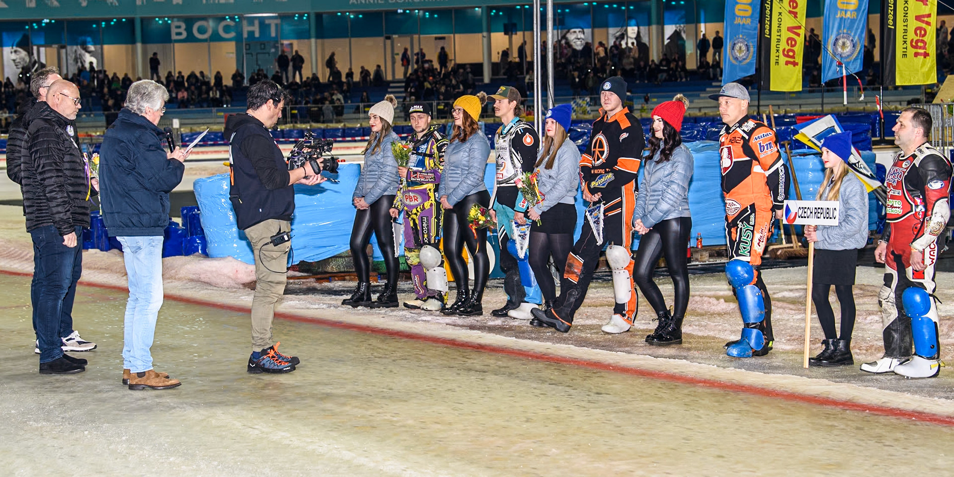 The riders are introduced to the fans during the FIM Ice Speedway Gladiators World Championship Final 4 at Ice Rink Thialf, Heerenveen on Sunday 7th April 2024. (Photo: Ian Charles | MI News)