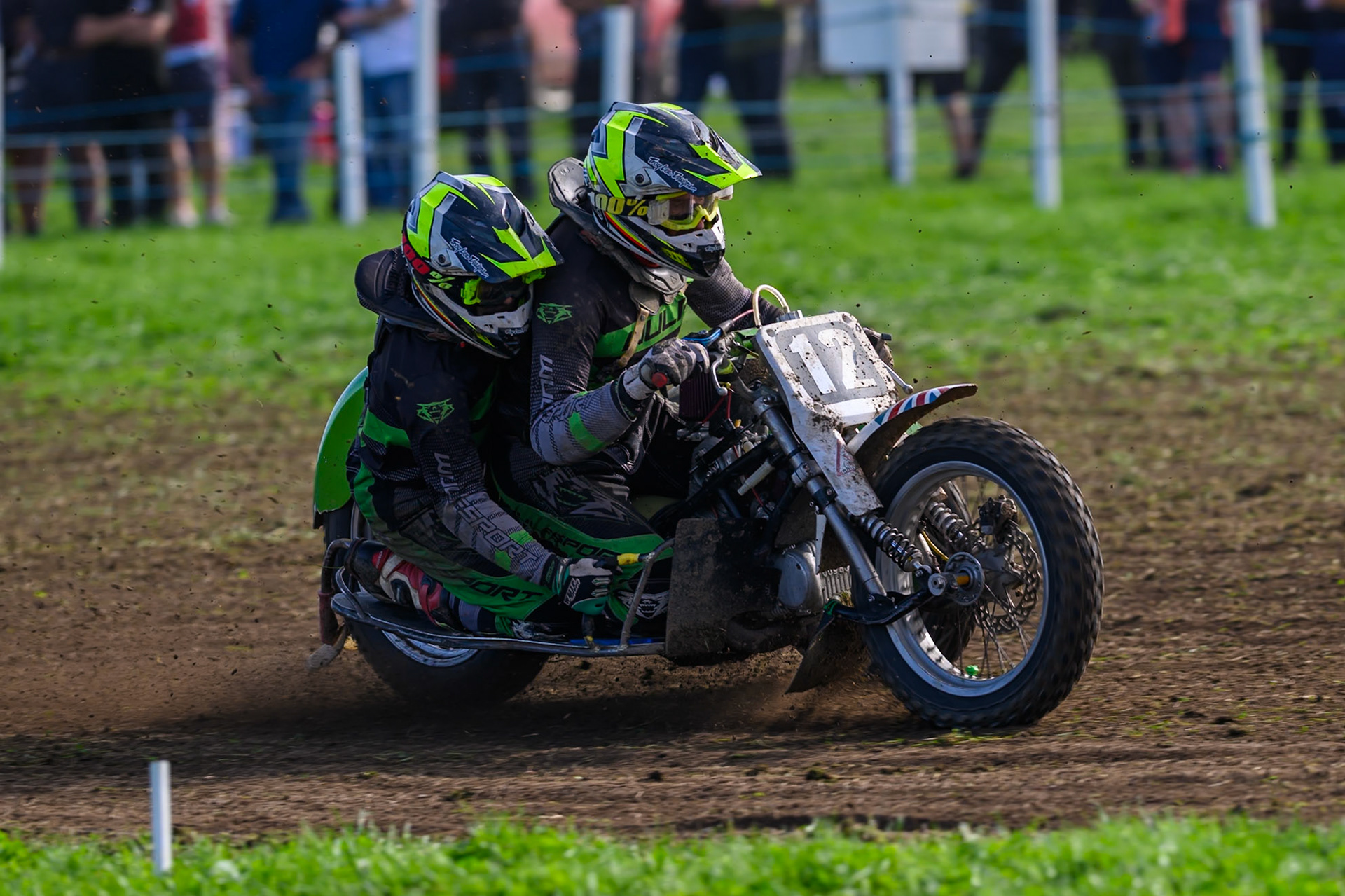 British Masters 1000cc Sidecars: Neal Owen/Jason Farwell (12) during the British Masters Grasstrack Championship at Lower Marsh Farm, Much Hoole, Preston in Lancashire, England on Sunday 13th September 2026. (Photo: Ian Charles | MI News)