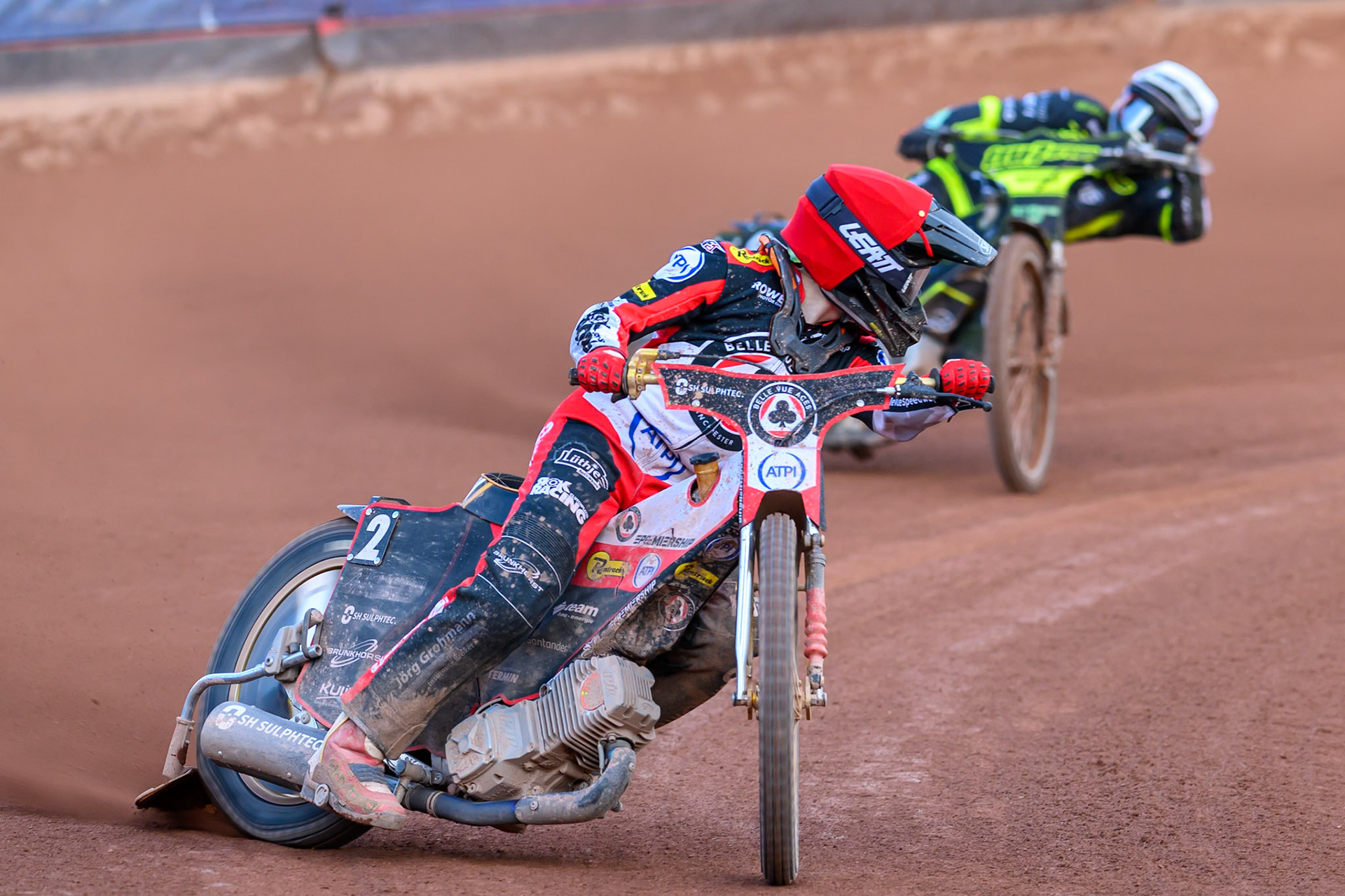 Norick Blödorn of Belle Vue Aces in Red leading Danny King of Ipswich Witches in White during the Rowe Motor Oil Premiership match between Belle Vue Aces and Ipswich Witches at the National Speedway Stadium, Manchester on Saturday 20th June 2026. (Photo: Ian Charles | MI News)