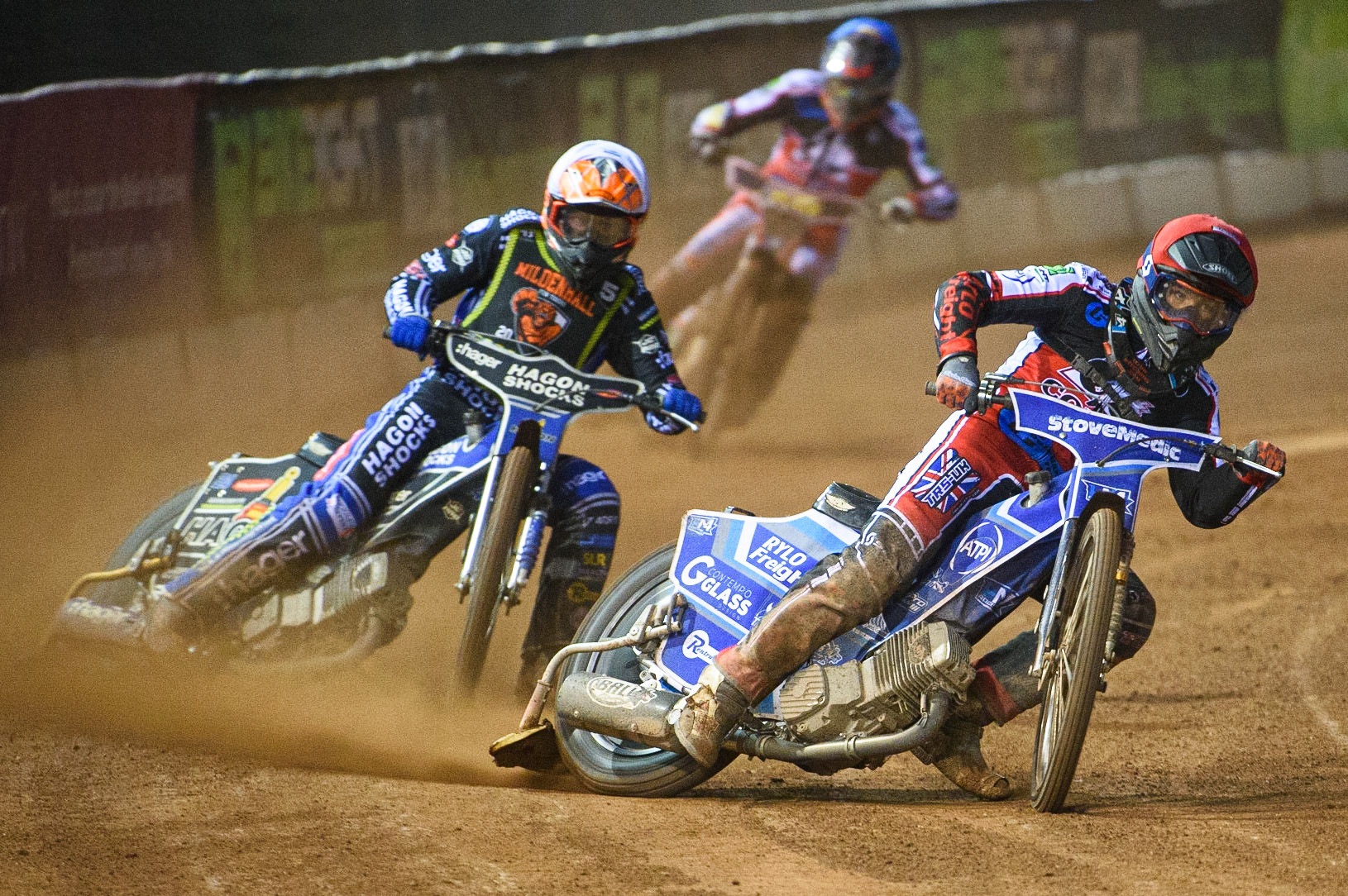 MANCHESTER, SEPT 3RD. Harry McGurk  (Red) leads Jason Edwards  (White) during the National Development League match between Belle Vue Aces and Mildenhall Fens Tigers at the National Speedway Stadium, Manchester on Friday 3rd September 2021. (Credit: Ian Charles | MI News)
