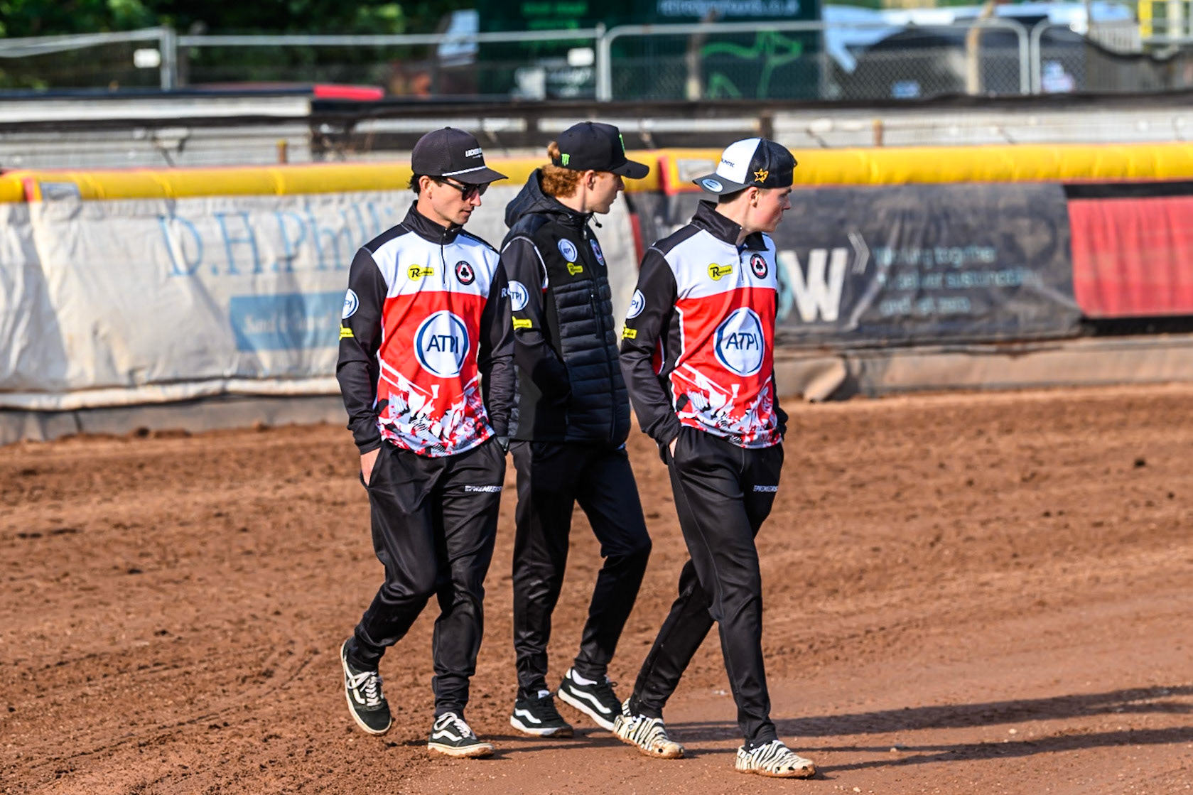 Belle Vue ATPI Aces riders on their track walk during the Rowe Motor Oil Premiership match between Birmingham Brummies and Belle Vue Aces at Perry Bar Stadium, Birmingham on Monday 2nd June 2025. (Photo: Ian Charles | MI News)