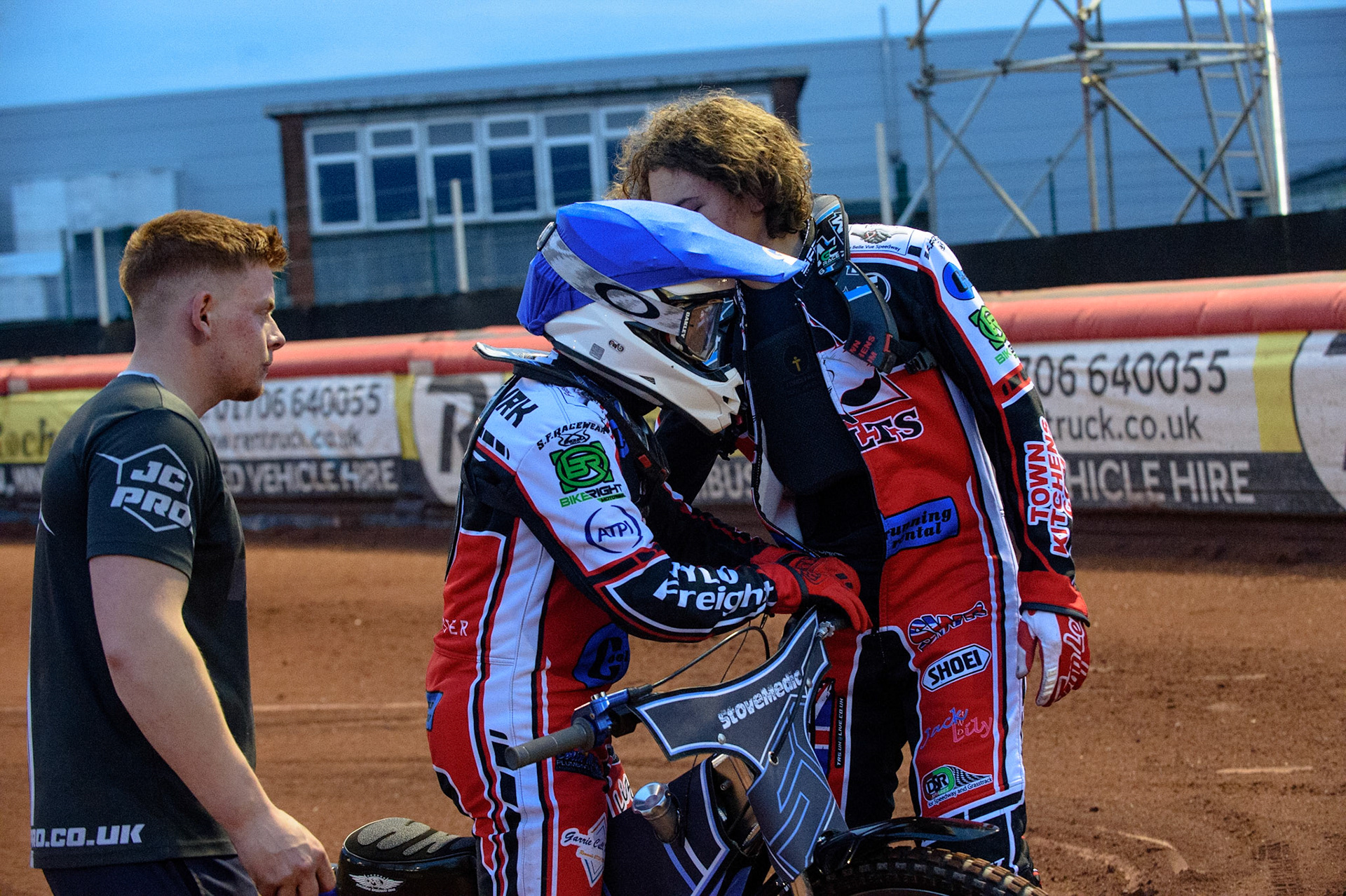 MANCHESTER, UK. MAY 28TH  Harry McGurk  congratulates his brother Sam McGurk  after his heat win during the SGB National Development League match between Belle Vue Colts and Berwick Bullets at the National Speedway Stadium, Manchester on Friday 28th May 2021. (Credit: Ian Charles | MI News)