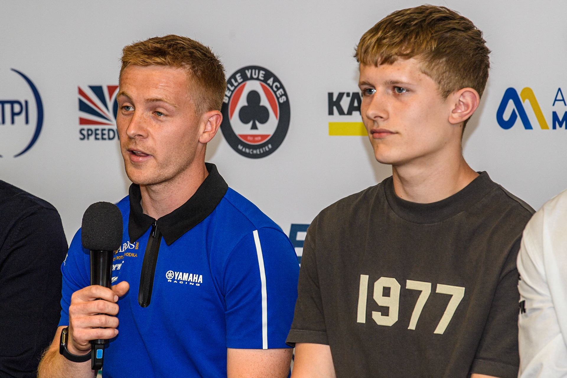 Flat Track riders Tim Neave (left), and Archie May during the FIM Flat Track World Championship &amp; FIM Women's Speedway Academy Launch at the National Speedway Stadium, Manchester on Monday 3rd July 2023. (Photo: Ian Charles | MI News)