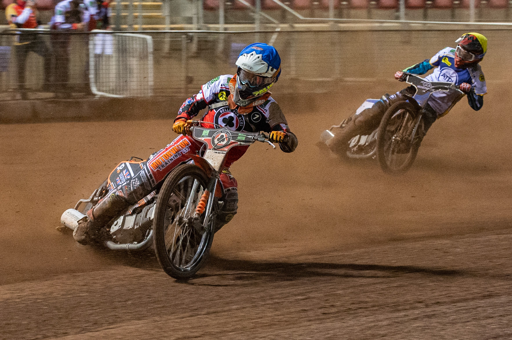 Photo: Ian CharlesJordan Palin of Belle Vue 'BikeRight' Aces (Blue) leads Josh MacDonald of the 'ATPI' All Stars (Yellow)Belle Vue ‘Bikerite ’Aces v ‘ATPI’ All Stars, Premiership Challenge, National Speedway Stadium, Manchester Thursday  24  September  2020