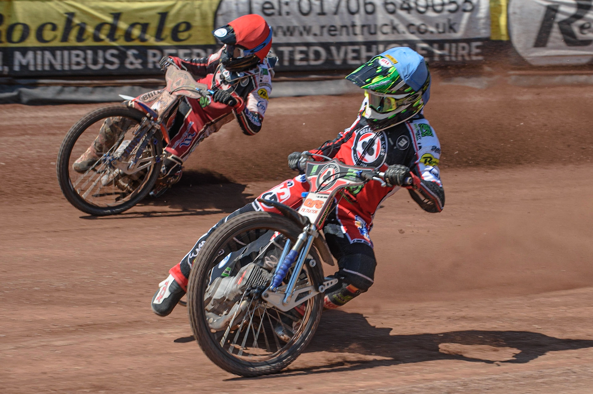 MANCHESTER, UK. MAY 31ST  Dan Bewley  (Blue) and Brady Kurtz  (Red) score a 5-1 heat win to draw the match during the SGB Premiership match between Belle Vue Aces and Peterborough at the National Speedway Stadium, Manchester on Monday 31st May 2021. (Credit: Ian Charles | MI News)