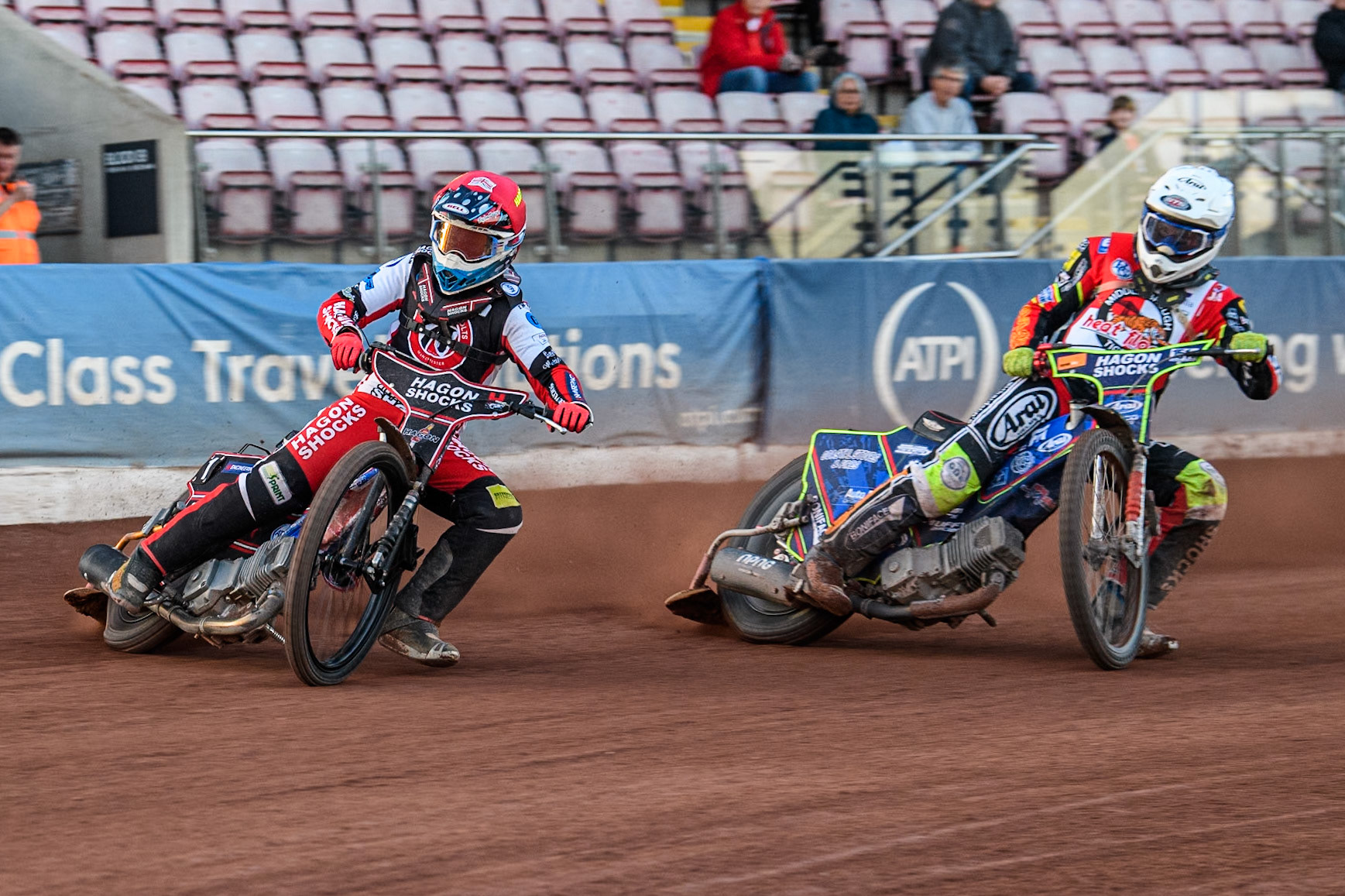 Belle Vue Colts' Sam Hagon in Red leading Middlesbrough Tigers' Jake Mulford in White during the WSRA National Development League match between Belle Vue Colts and Middlesbrough Tigers at the National Speedway Stadium, Manchester on Monday 17th June 2024. (Photo: Ian Charles | MI News)