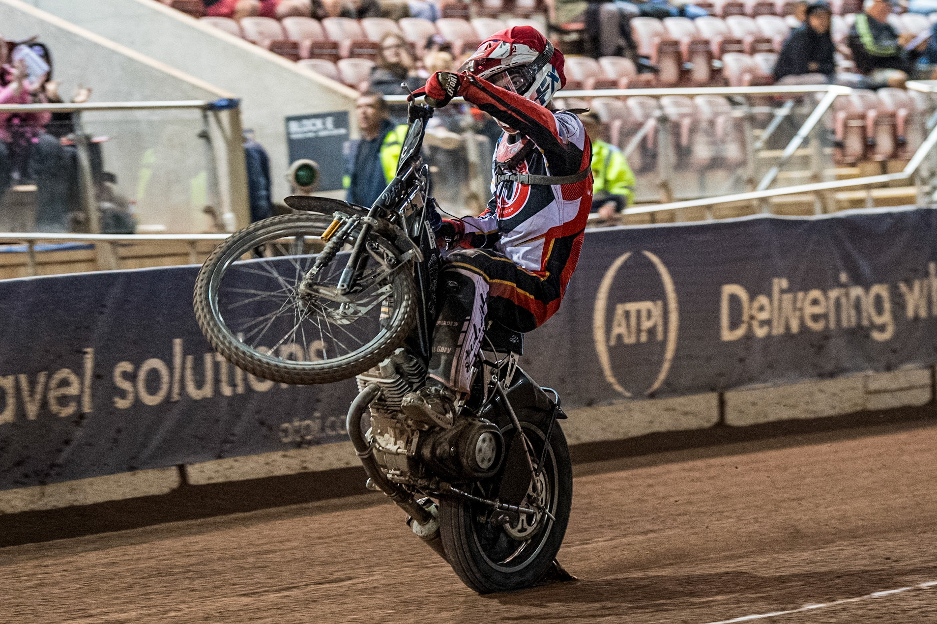 Freddy Hodder celebrates with a wheelie during the National Development League match between Belle Vue Colts and Workington Comets at the National Speedway Stadium, Manchester on Friday 25th August 2023. (Photo: Ian Charles | MI News)