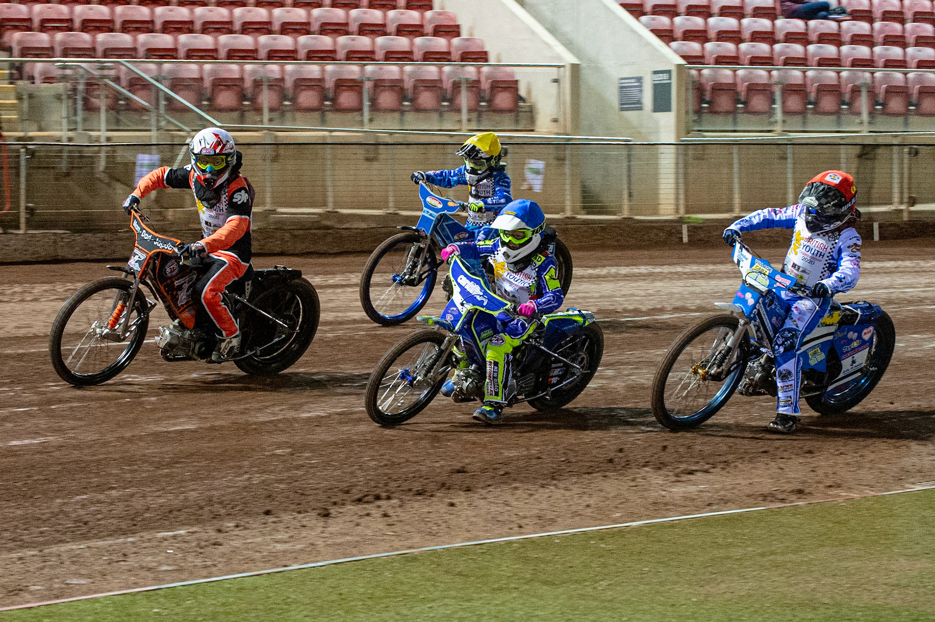 Photo: Ian Charles125cc B Class Final: Oliver Bovington (Blue) leads Owen Booth (White) Caydin Martin (Red) and Stene Pijper (Yellow)British Youth Speedway Championship (Round 5), National Speedway Stadium, Manchester Saturday  10  October  2020