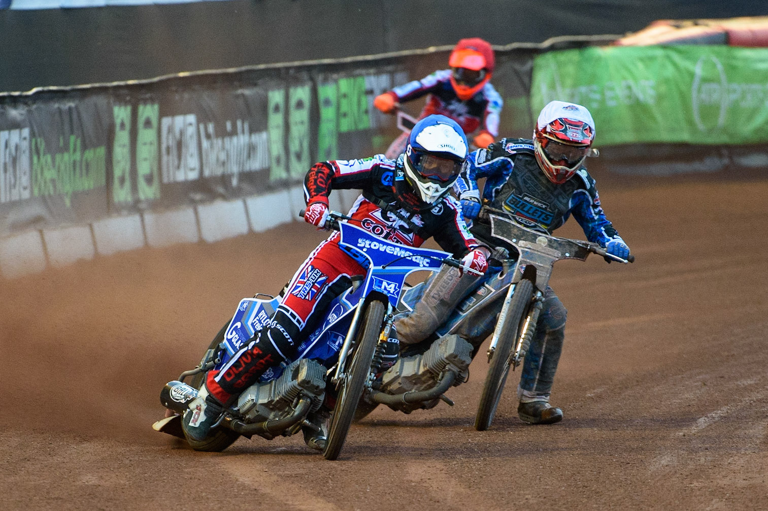 MANCHESTER, UK. MAY 28TH  Harry McGurk   (Blue) leads Greg Blair (White) with Connor Coles  (Red) behind during the SGB National Development League match between Belle Vue Colts and Berwick Bullets at the National Speedway Stadium, Manchester on Friday 28th May 2021. (Credit: Ian Charles | MI News)