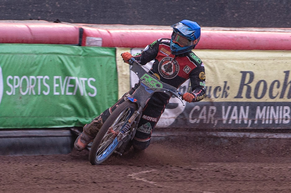 Photo: Ian Charles

Dimitri Bergé  gets into difficulty 

Belle Vue Aces v Ipswich Witches, British Speedway Premiership, Belle Vue National Speedway Stadium, Manchester, Monday 3  June  2019