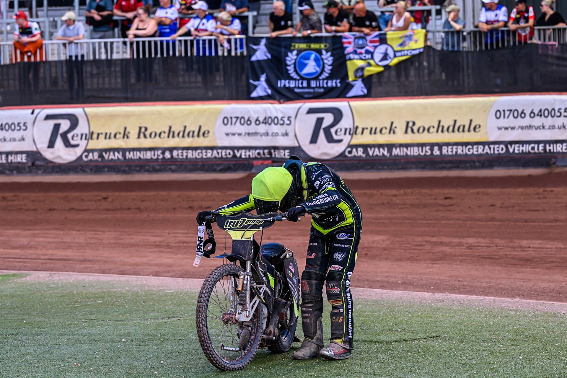 Ipswich Witches' Dan Thompson  on the centre of the track after his engine failure in Heat 14 during the Rowe Motor Oil Premiership match between Belle Vue Aces and Ipswich Witches at the National Speedway Stadium, Manchester on Monday 30th June 2025. (Photo: Ian Charles | MI News)