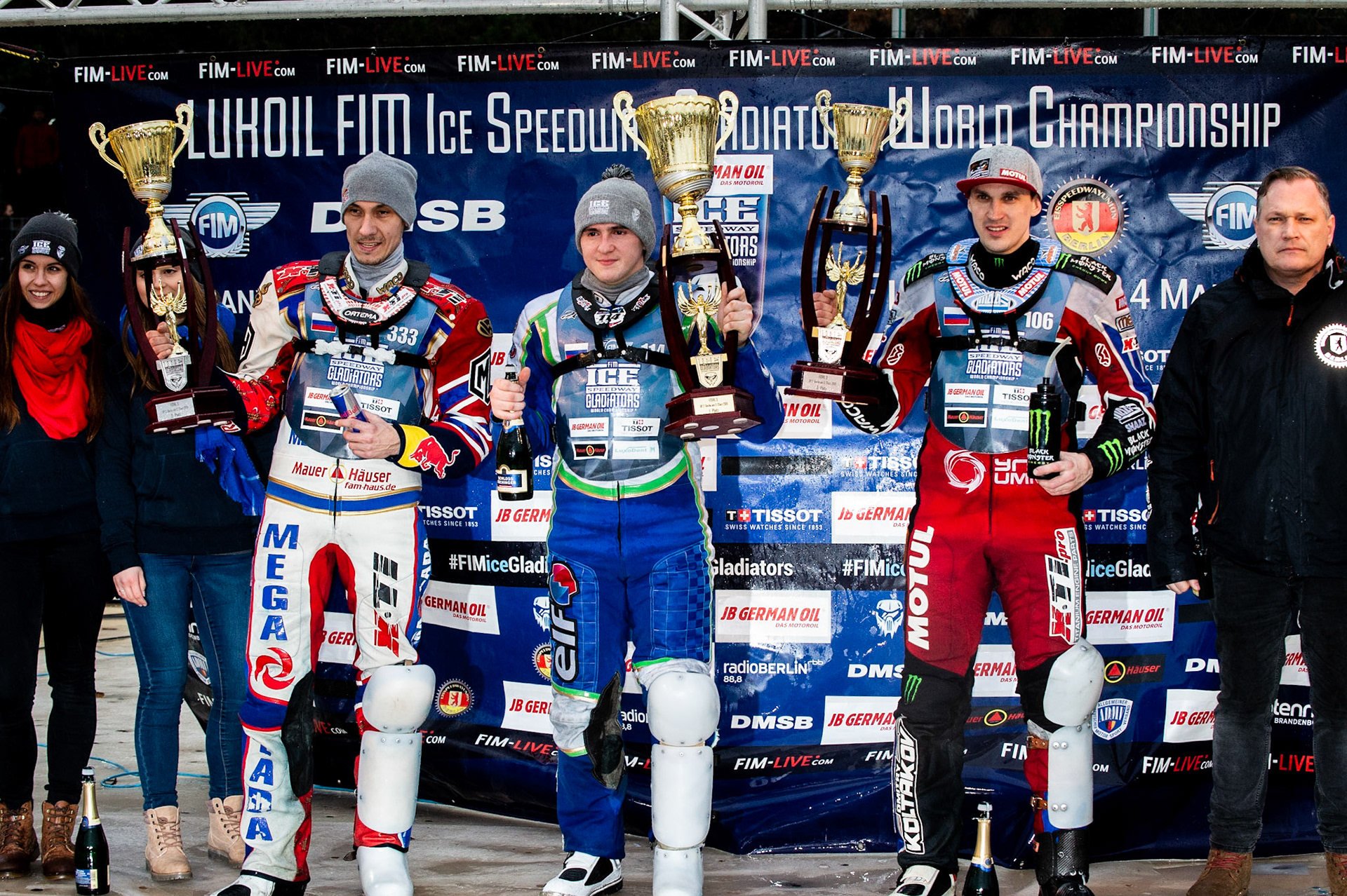 Photo: Ian Charles

Top 3 Sunday: (l-r) Danil Ivanov (333)(2nd), 114\ (Winner) Dmitri Koltakov (106) (3rd)

FIM Ice Speedway Gladiators World Championship, Final 3.2, Horst-Dohm Eisstadion, Berlin, Germany Sunday  3  March  2019