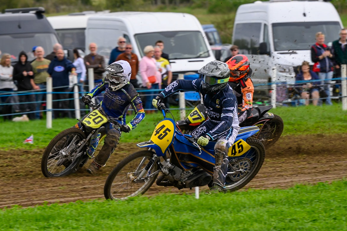 British Masters (Solos): Ryan Ashcroft (45) leading Arran Butcher (20)  and Mickie Simpson (87) during the British Masters Grasstrack Championship at Lower Marsh Farm, Much Hoole, Preston in Lancashire, England on Sunday 13th September 2026. (Photo: Ian Charles | MI News)