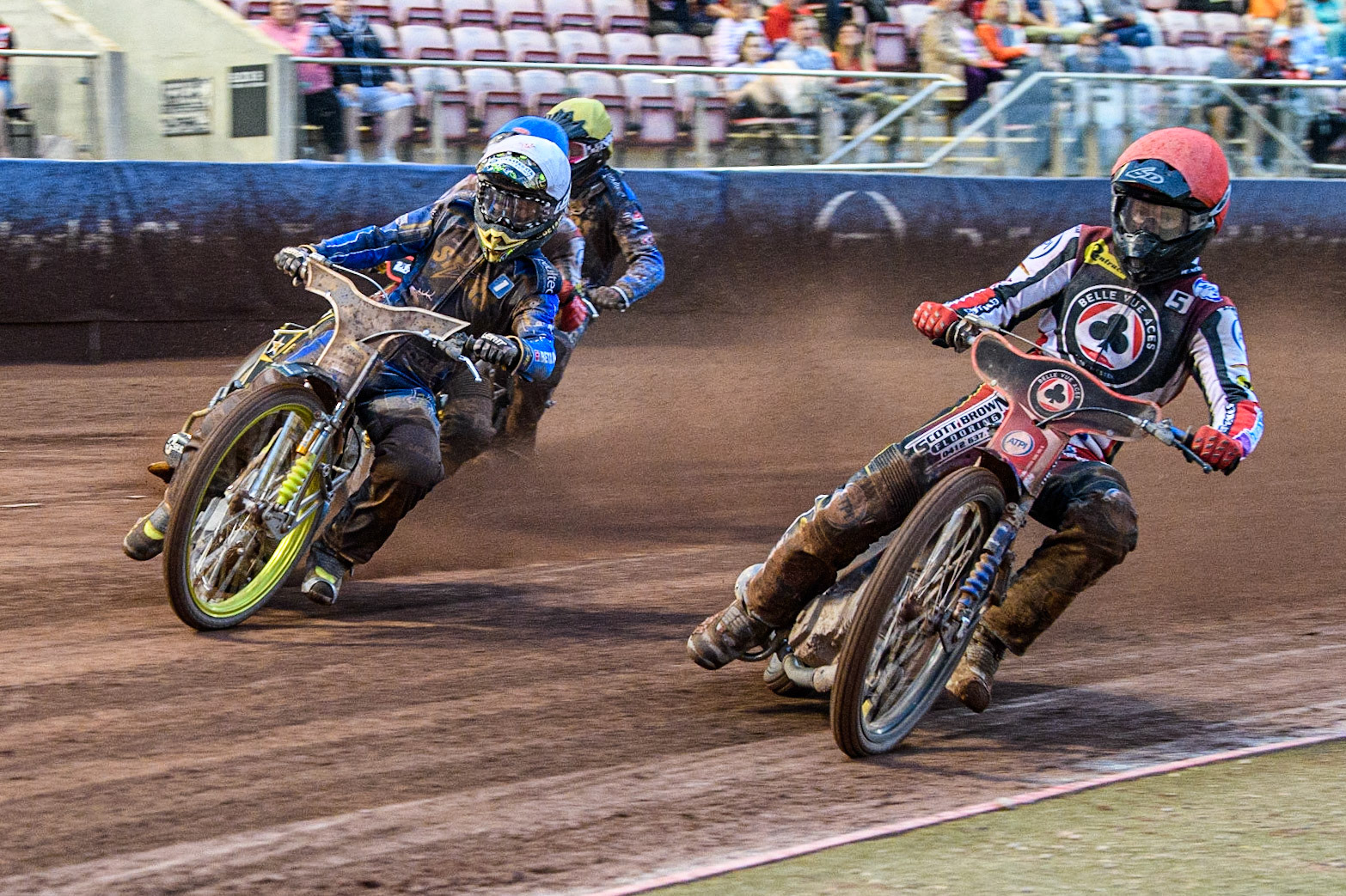 Brady Kurtz (Red) inside Artem Laguta (White) during the Sports Insure Premiership match between Belle Vue Aces and King's Lynn Stars at the National Speedway Stadium, Manchester on Monday 12th June 2023. (Photo: Ian Charles | MI News)