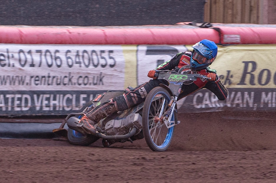 Photo: Ian Charles

Dimitri Bergé  gets into difficulty 

Belle Vue Aces v Ipswich Witches, British Speedway Premiership, Belle Vue National Speedway Stadium, Manchester, Monday 3  June  2019
