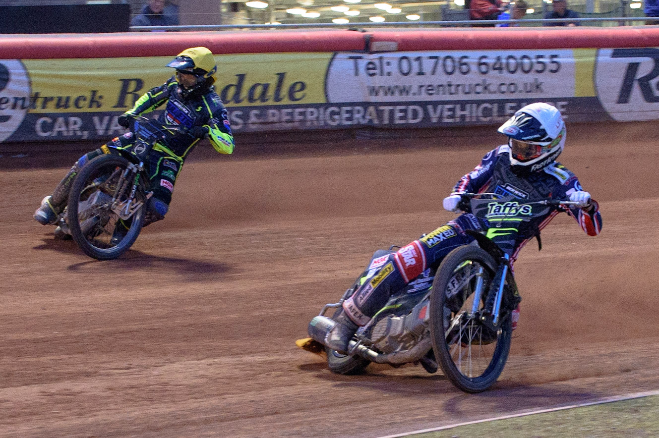 MANCHESTER, UK. MAY 28TH  Leon Flint  (White) and Kyle Bickley   (Yellow) go for maximum points during the SGB National Development League match between Belle Vue Colts and Berwick Bullets at the National Speedway Stadium, Manchester on Friday 28th May 2021. (Credit: Ian Charles | MI News)