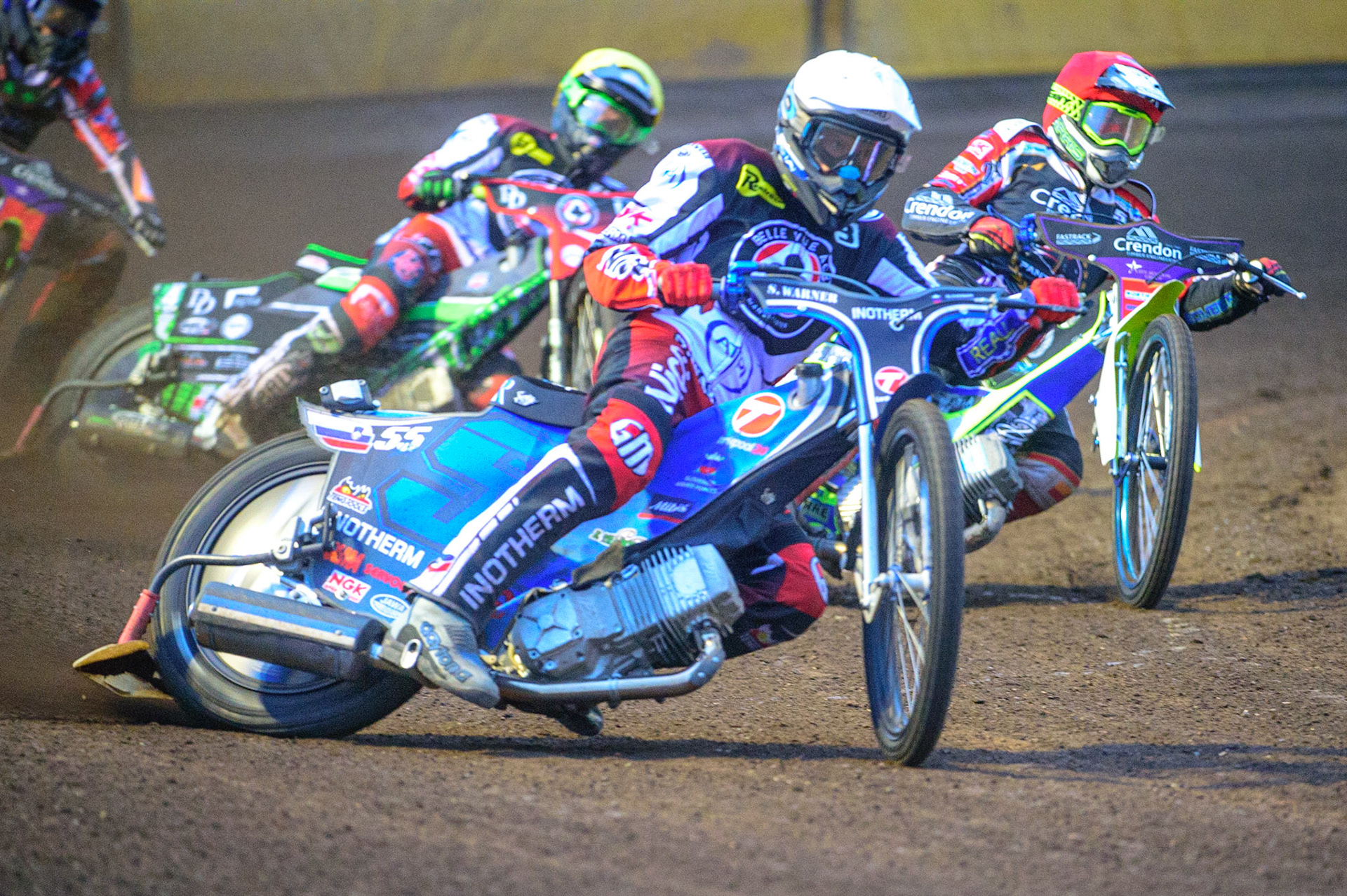 PETERBOROUGH, UK. MAY 9TH  Matej Žagar  (White) leads Chris Harris  (Red) and Charles Wright  (Yellow) during the SGB Premiership match between Peterborough Panthers and Belle Vue Aces at East of England Showground, Peterborough on Monday 9th May 2022. (Credit: Ian Charles | MI News)