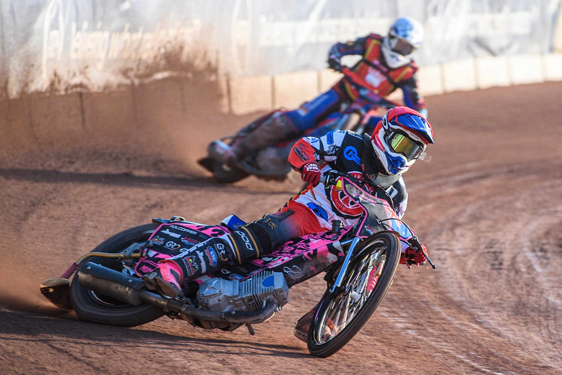 James Pearson (Red) leads Jacob Hook (White) during the National Development League match between Belle Vue Colts and Kent Royals at the National Speedway Stadium, Manchester on Friday 7th July 2023. (Photo: Ian Charles | MI News)