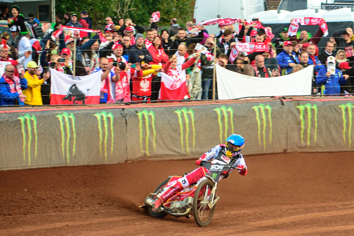 MANCHESTER, UK. OCT 16TH Maciej Janowski of Poland is cheered on by the Polish Fans during the Monster Energy FIM Speedway of Nations at the National Speedway Stadium, Manchester on Saturday  16th October 2021. (Credit: Ian Charles | MI News)