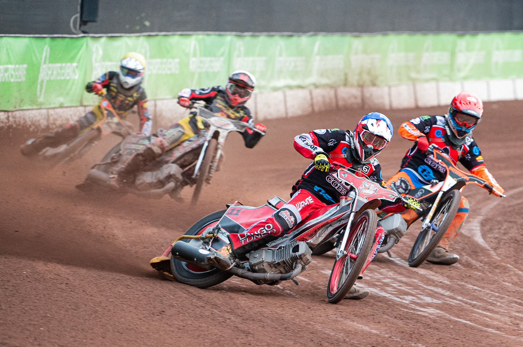 Photo: Ian Charles

Connor Bailey  (Blue) and Jordan Palin  (Red) lead Joe Lawlor  (White) and Dan Thomson  (Yellow)

Belle Vue Colts v Leicester Cubs, SGB National League, Belle Vue National Speedway Stadium, Manchester, Thursday 8  August  2019