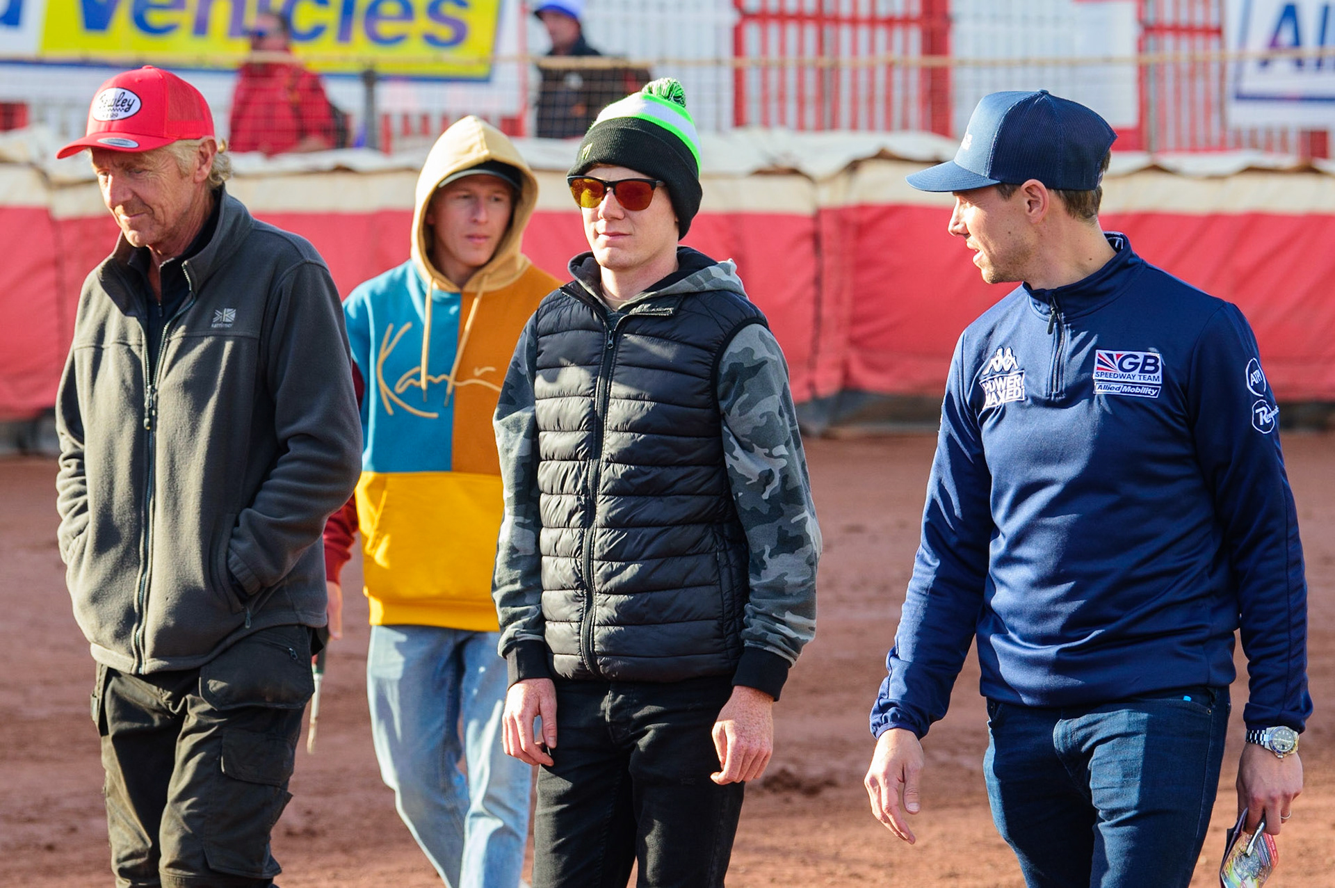 Dan Bewley (Great Britain) (centre) with Steve Lawson (left) and Team GB Team manager Simon Stead (right) on the pre-meeting track walk during the FIM Speedway Grand Prix Challenge at the Peugeot Ashfield Stadium, Glasgow on Saturday 20th August 2022. (Credit: Ian Charles | MI News)