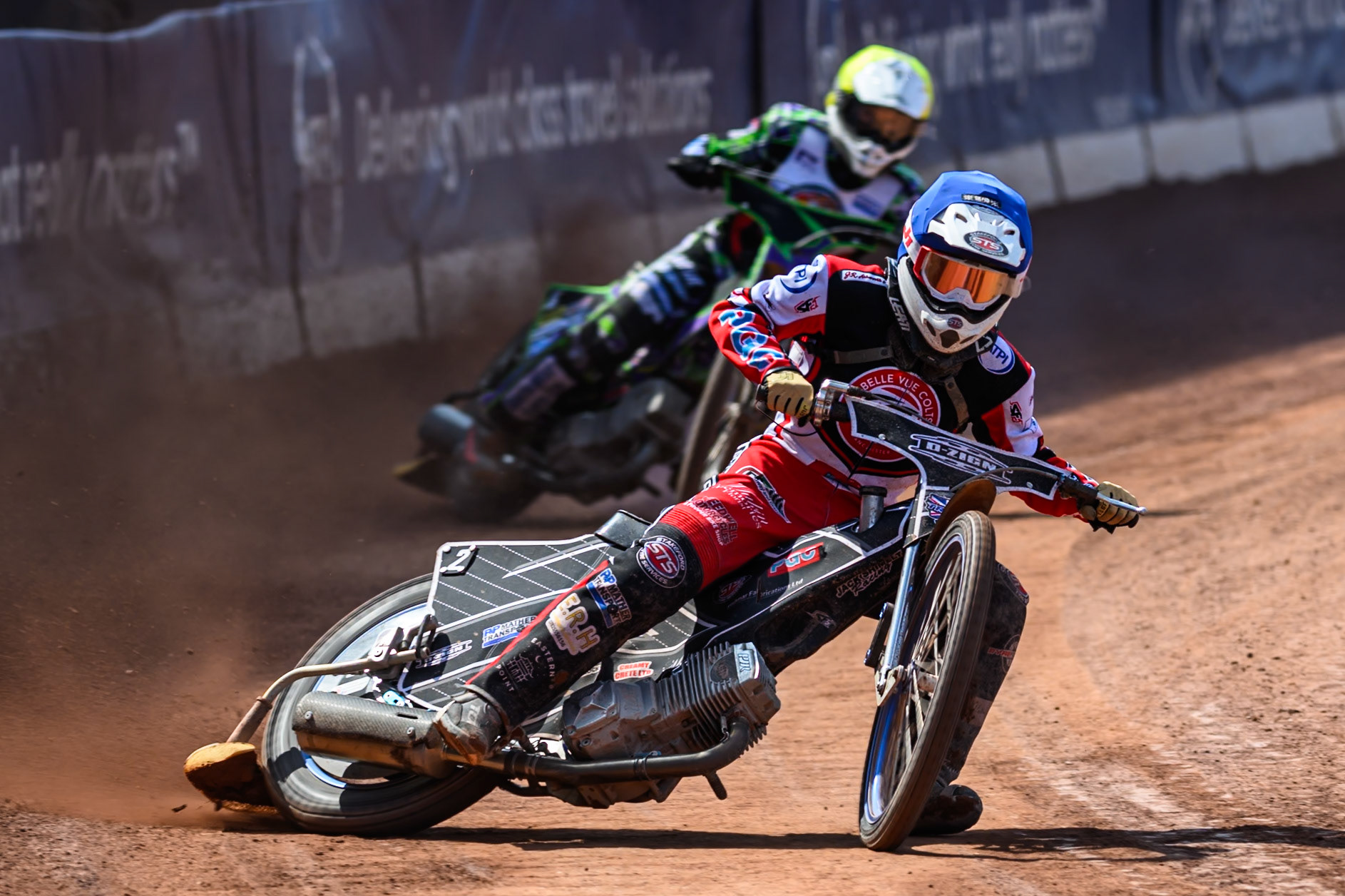 Jack Shimelt of Belle Vue Colts   in Blue leading Kai Ward of Middlesborough Tigers  in Yellow during the WSRA National Development League match between Belle Vue Colts and Middlesbrough Tigers at the National Speedway Stadium, Manchester on Sunday 10th August 2025. (Photo: Mark Fletcher | MI News)