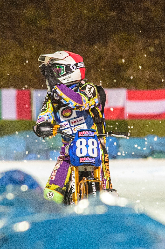 Max Neidermaier Celebrates winning the Ice Speedway For Europe Meeting  during the German Individual Ice Speedway Championship at Horst-Dohm-Eisstadion, Berlin on Friday 3rd March 2023. (Photo: Ian Charles | MI News)